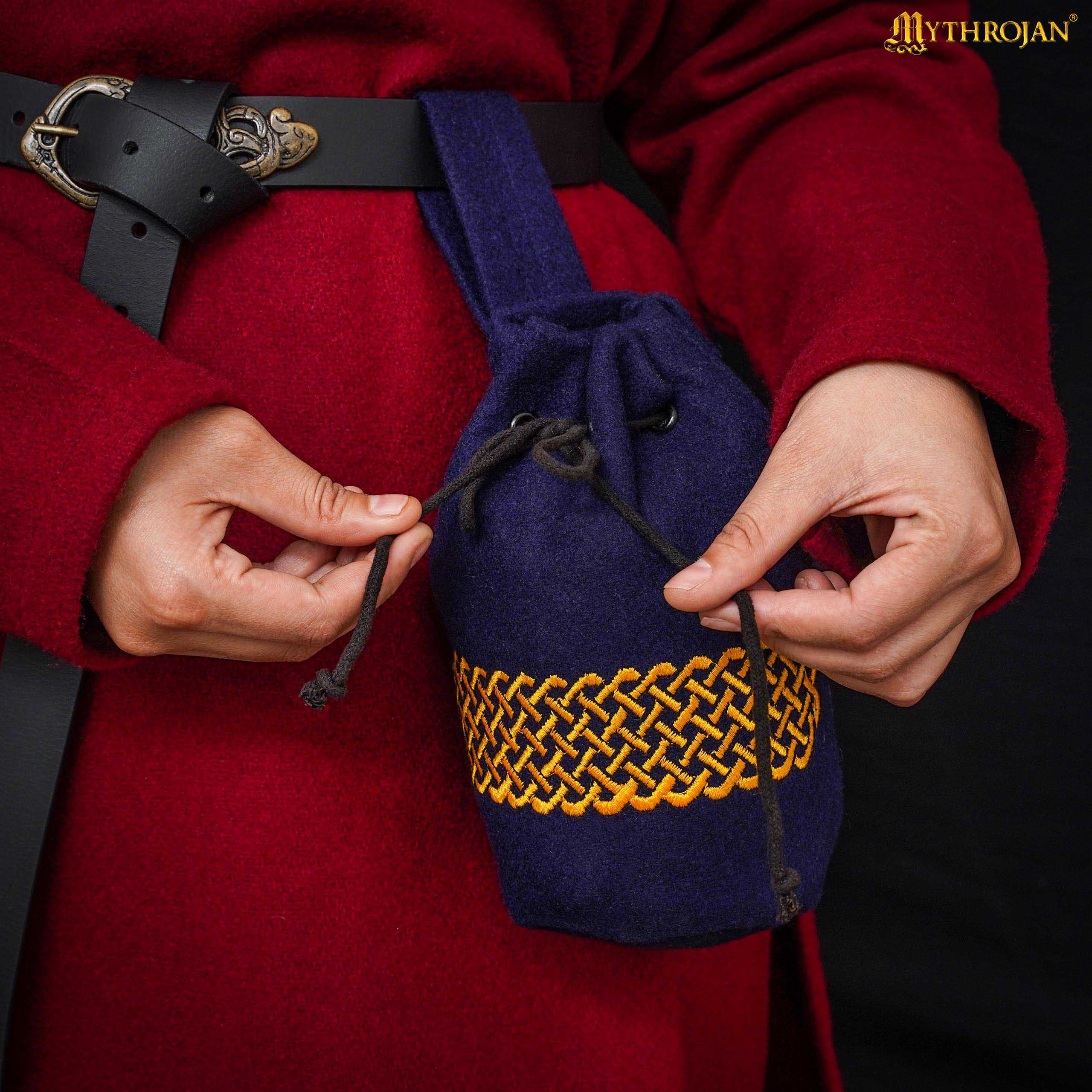Mythrojan Embroidered Wool Drawstring Belt Pouch: Medieval Viking Celtic Bag Costume Accessories Coin Purse, 8” × 6.5”