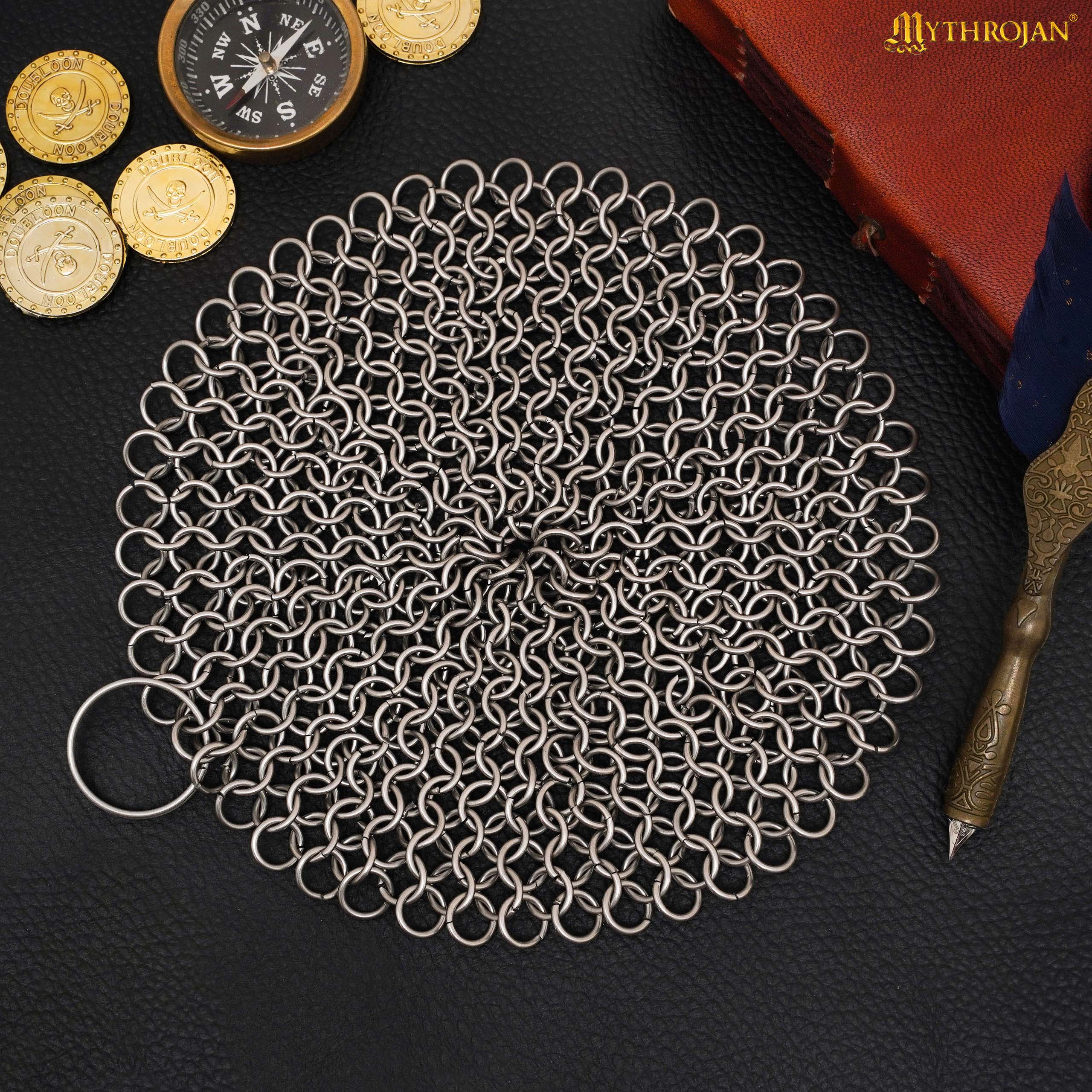 Mythrojan Chainmail Round Stainless Steel Scrubber, Ideal for Cleaning Cast Iron Skillet, Wok, Cooking Pot, Griddle or Cast Iron Cauldron Maintenance, Diameter: 4.7”