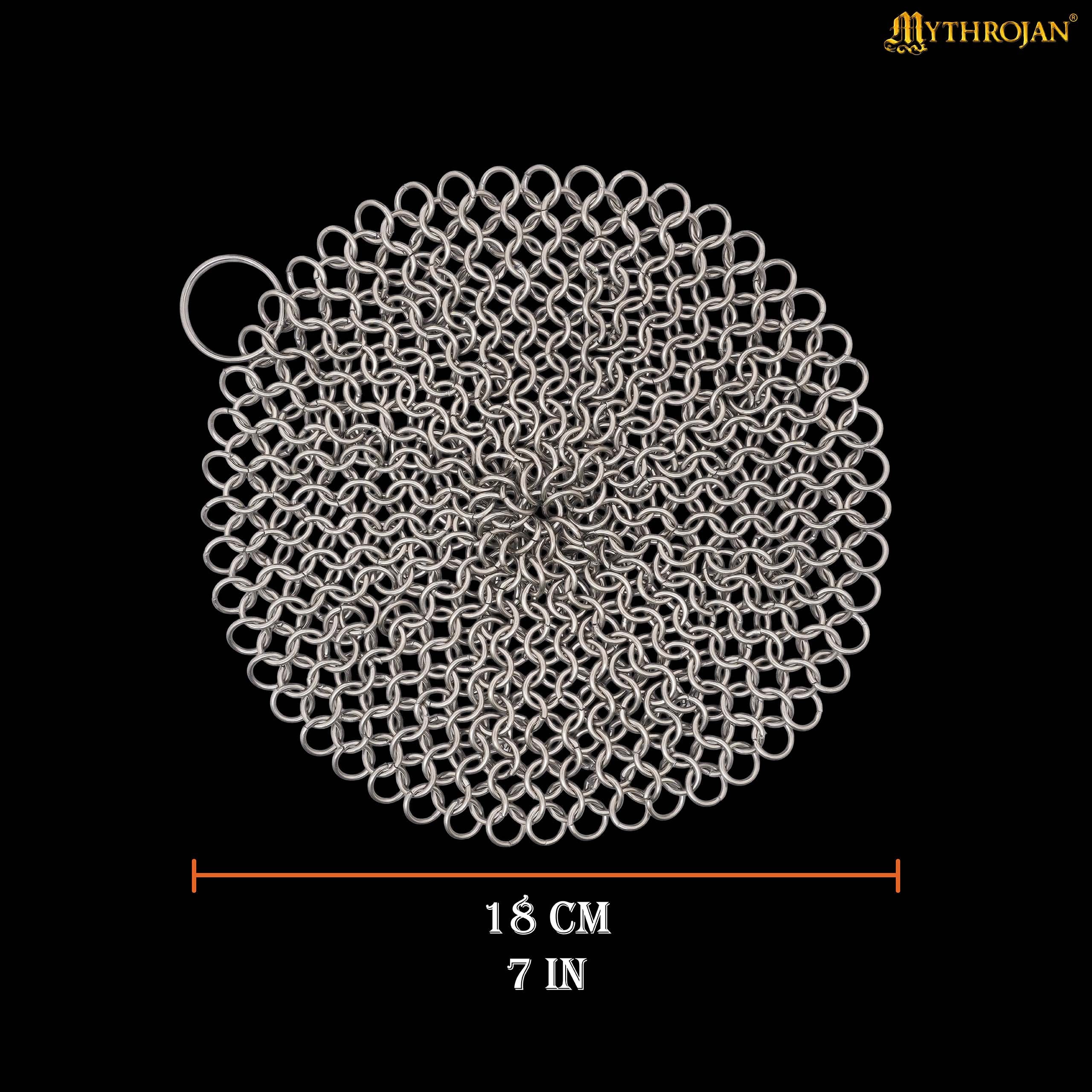Mythrojan Chainmail Round Stainless Steel Scrubber, Ideal for Cleaning Cast Iron Skillet, Wok, Cooking Pot, Griddle or Cast Iron Cauldron Maintenance, Diameter: 4.7”