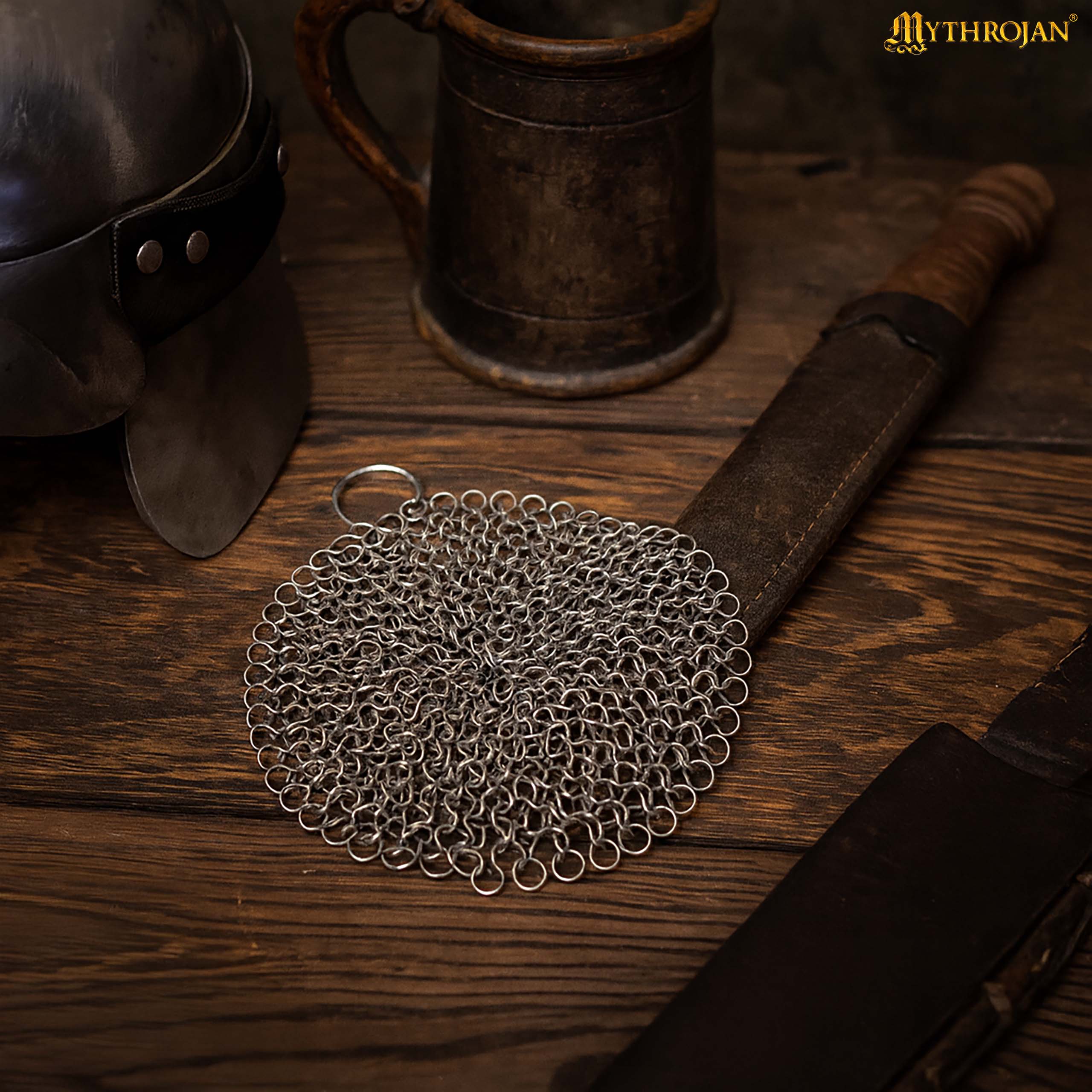 Mythrojan Chainmail Round Stainless Steel Scrubber, Ideal for Cleaning Cast Iron Skillet, Wok, Cooking Pot, Griddle or Cast Iron Cauldron Maintenance, Diameter: 4.7”