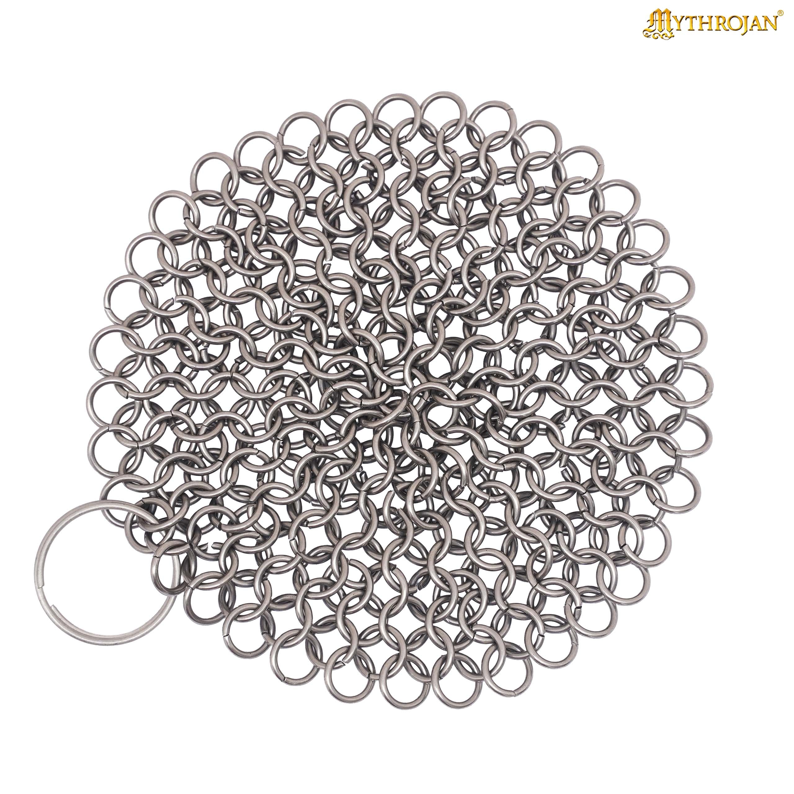 Mythrojan Chainmail Round Stainless Steel Scrubber, Ideal for Cleaning Cast Iron Skillet, Wok, Cooking Pot, Griddle or Cast Iron Cauldron Maintenance, Diameter: 7”