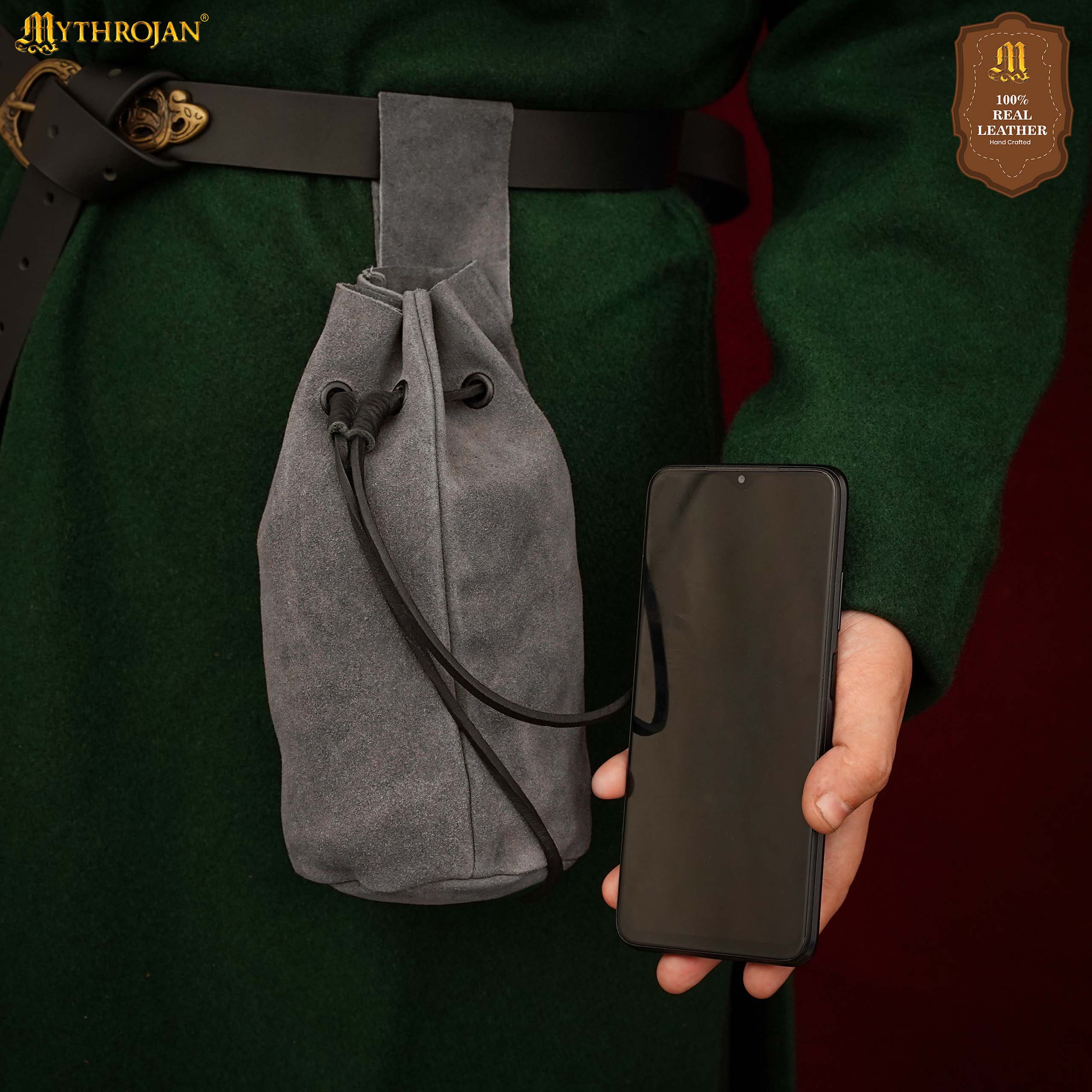 Mythrojan Medieval Drawstring Belt Bag, Ideal for SCA LARP Reenactment & Ren Fair, Suede Leather, Grey, 8”×6.5”
