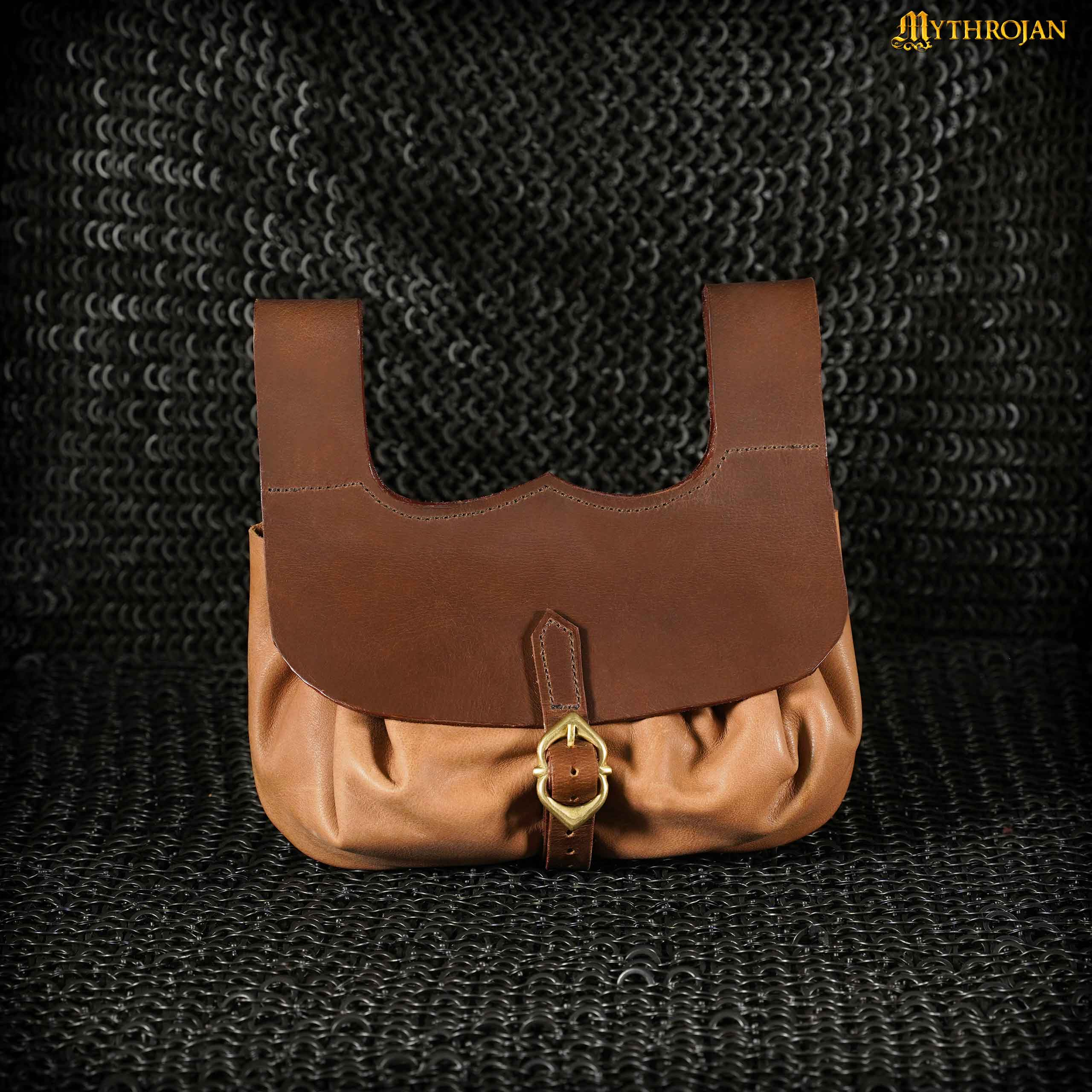 Mythrojan Medieval Belt Bag with Solid Brass Buckle , Ideal for Cosplay SCA LARP Reenactment & Ren fair, Full Grain Leather, Brown , 8.2 ” × 8.6”