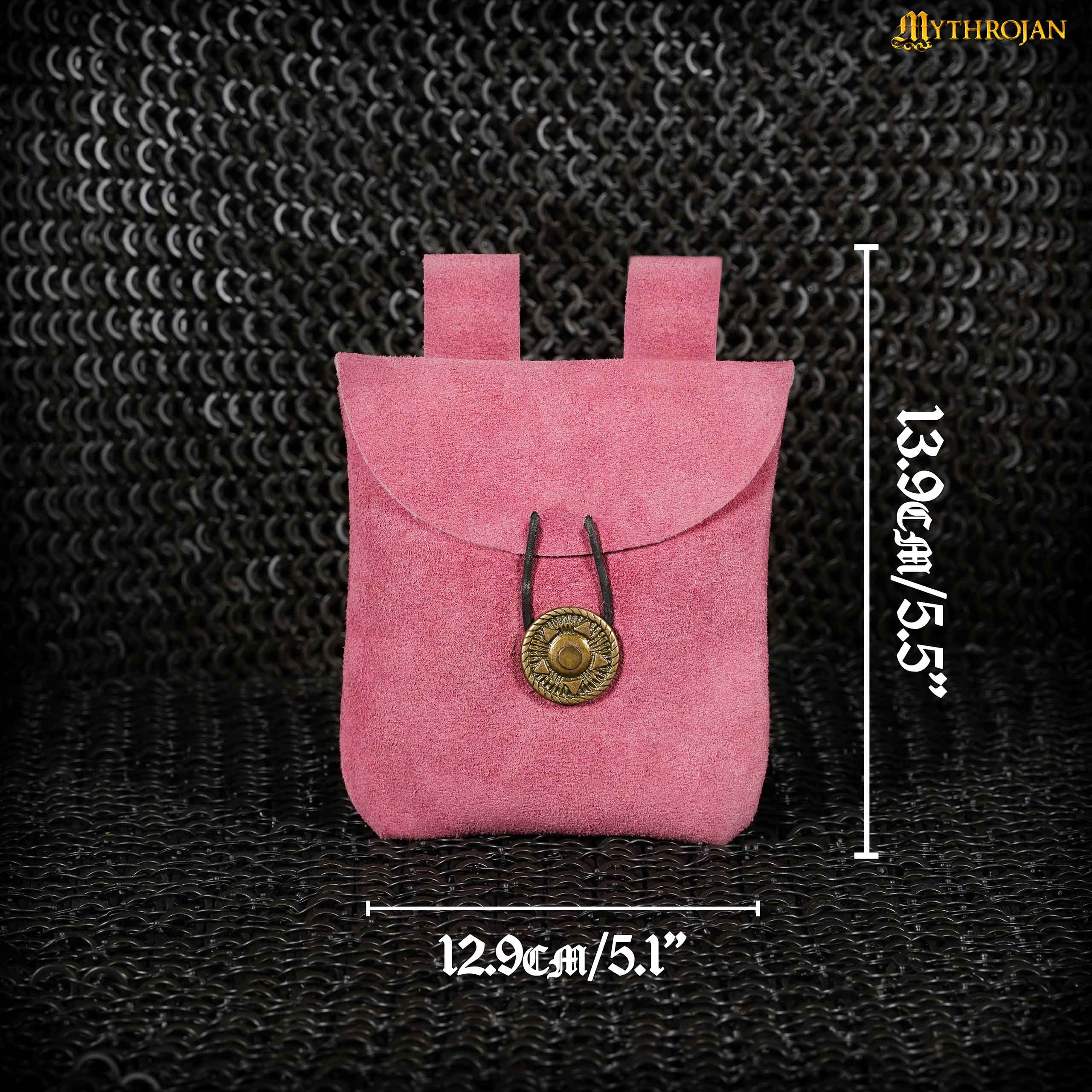 Mythrojan Suede Belt Bag, Ideal for SCA LARP Reenactment & Ren fair, Suede Leather, Pink , 5 .5”× 5.1 ”