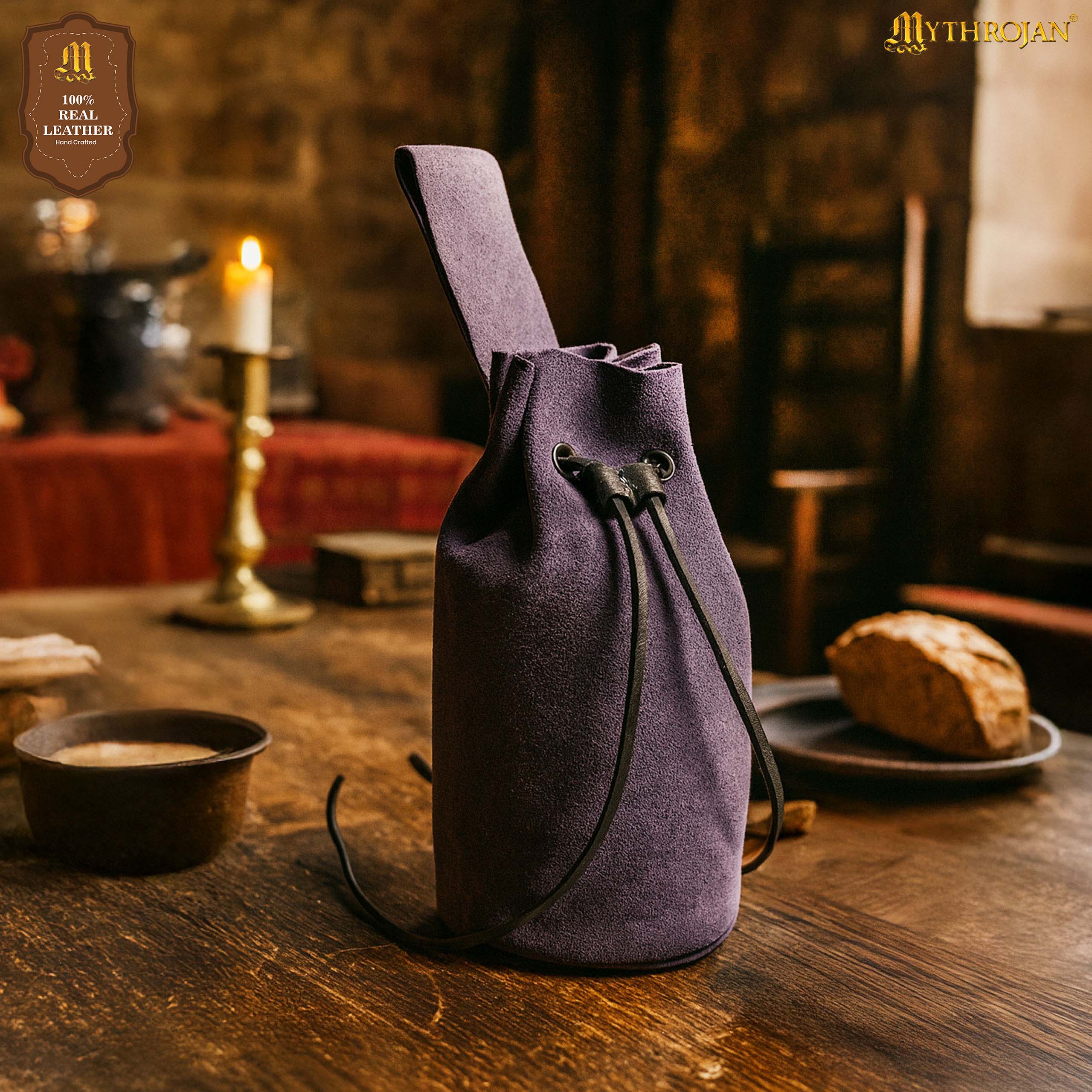 Mythrojan Medieval Drawstring Belt Bag, Ideal for SCA LARP Reenactment & Ren Fair, Suede Leather, Dark Blue, 8”×6.5”