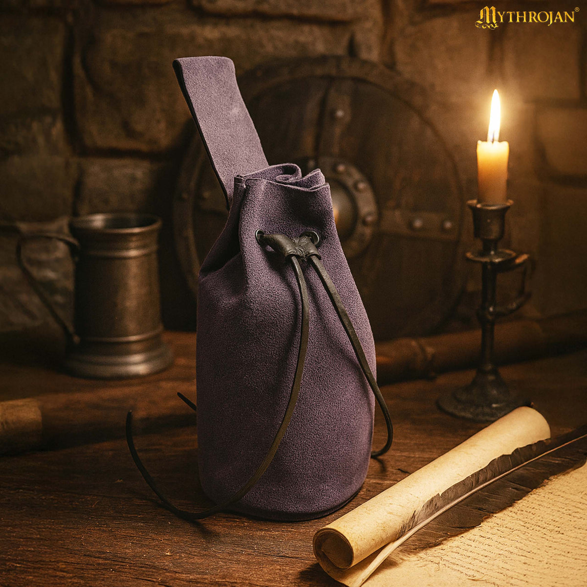 Mythrojan Medieval Drawstring Belt Bag, Ideal for SCA LARP Reenactment & Ren fair , Suede Leather , Wine Red 8” ×6.5 ”