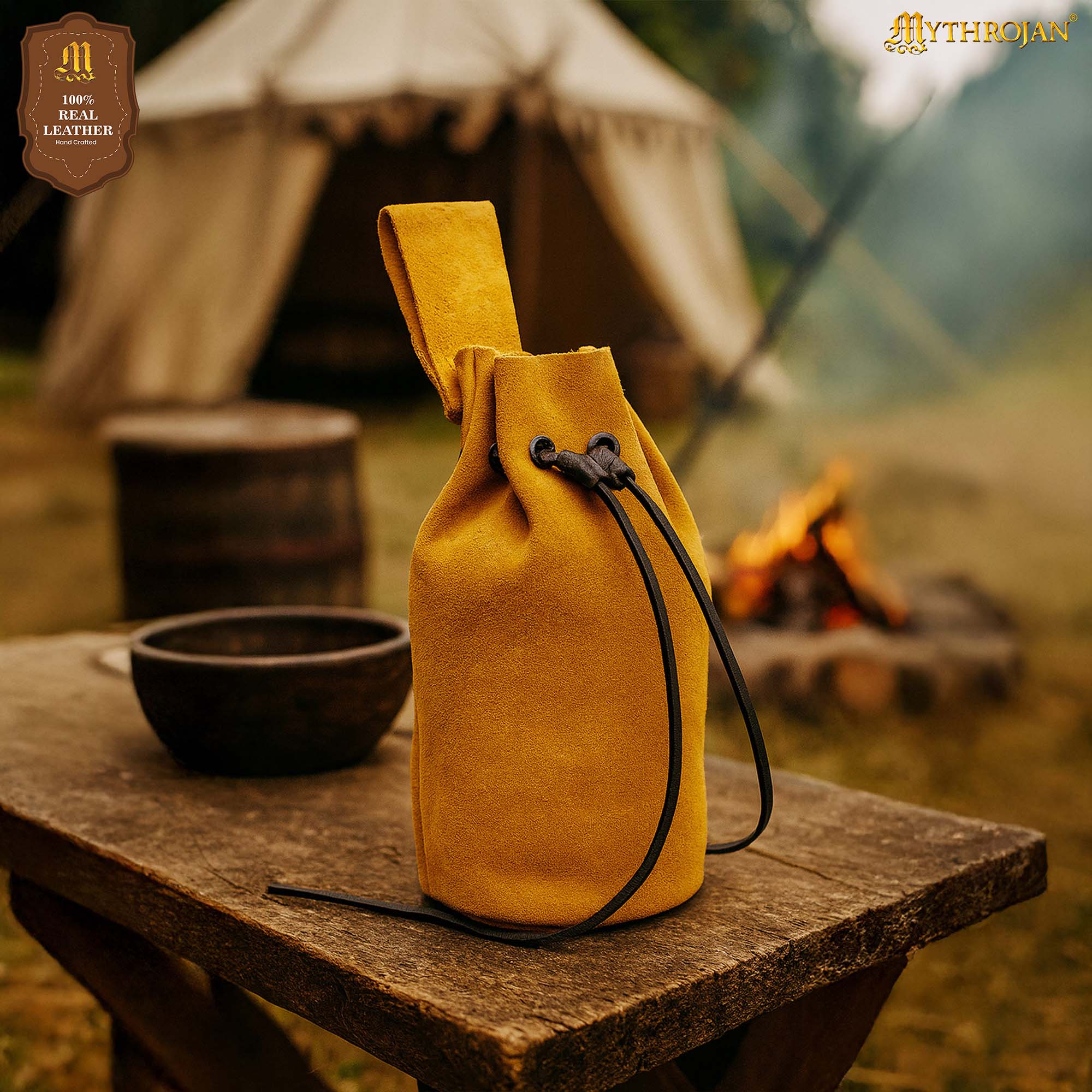 Mythrojan Medieval Drawstring Belt Bag, Ideal for SCA LARP Reenactment & Ren fair , Suede Leather , Yellow 8” ×6.5 ”