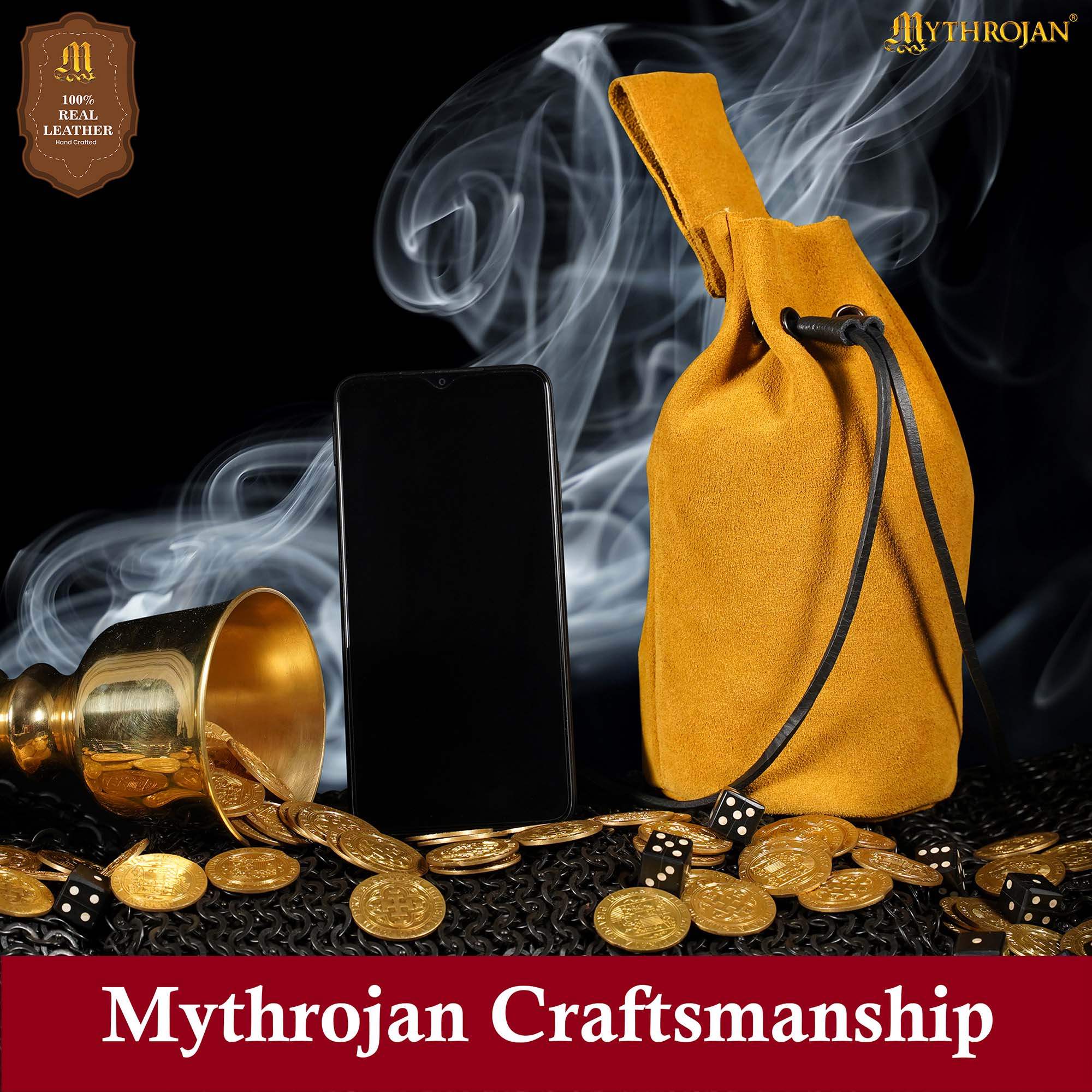 Mythrojan Medieval Drawstring Belt Bag, Ideal for SCA LARP Reenactment & Ren fair , Suede Leather , Yellow 8” ×6.5 ”