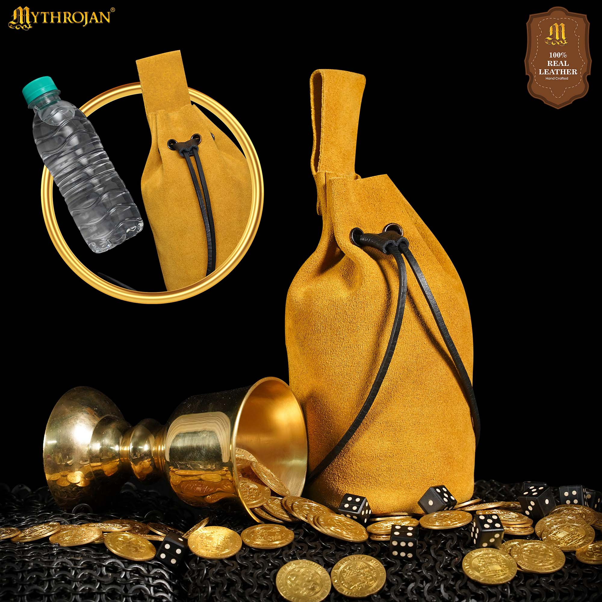 Mythrojan Medieval Drawstring Belt Bag, Ideal for SCA LARP Reenactment & Ren fair , Suede Leather , Yellow 8” ×6.5 ”