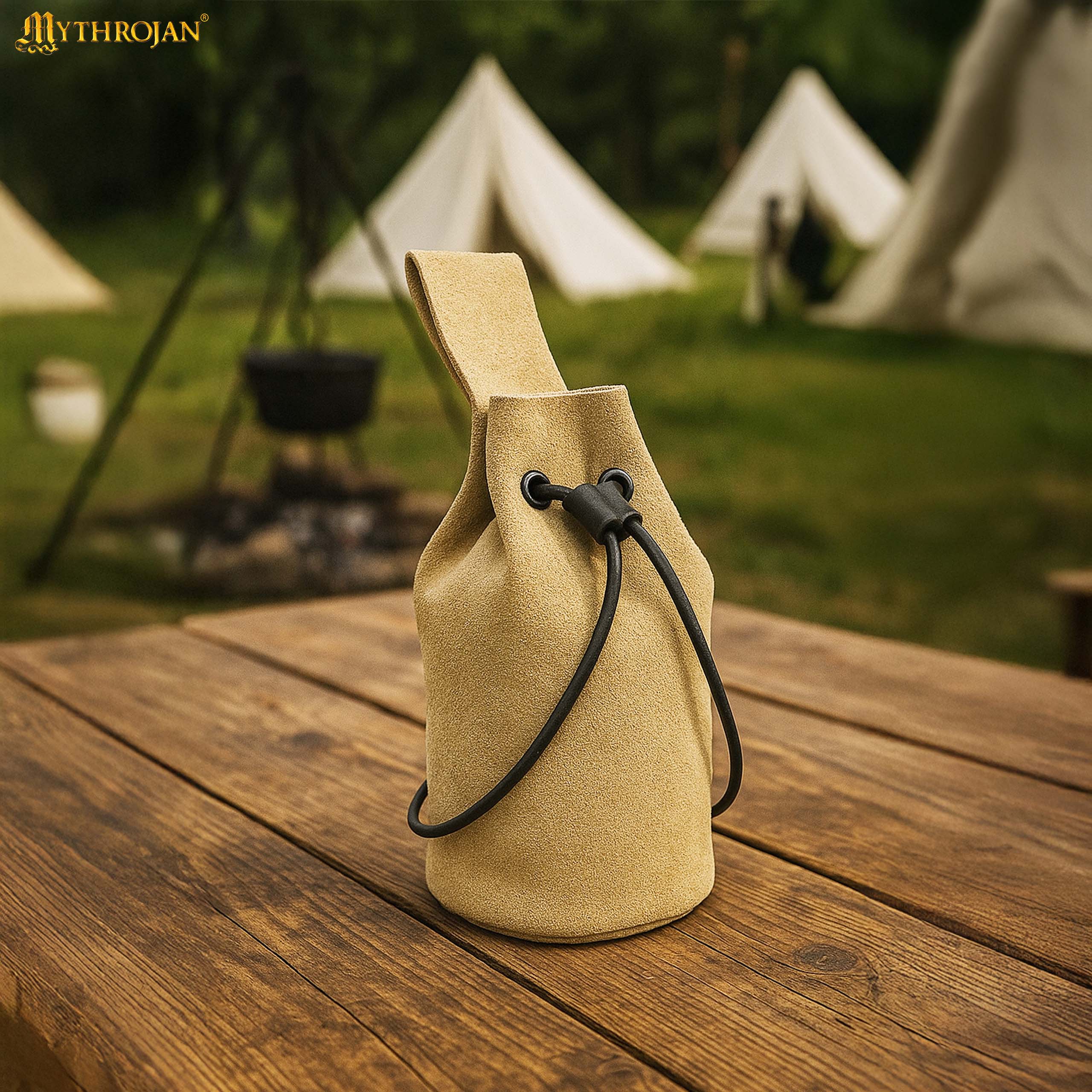 Mythrojan Medieval Drawstring Belt Bag, Ideal for SCA LARP Reenactment & Ren Fair, Suede Leather, Light Green 8”×6.5”