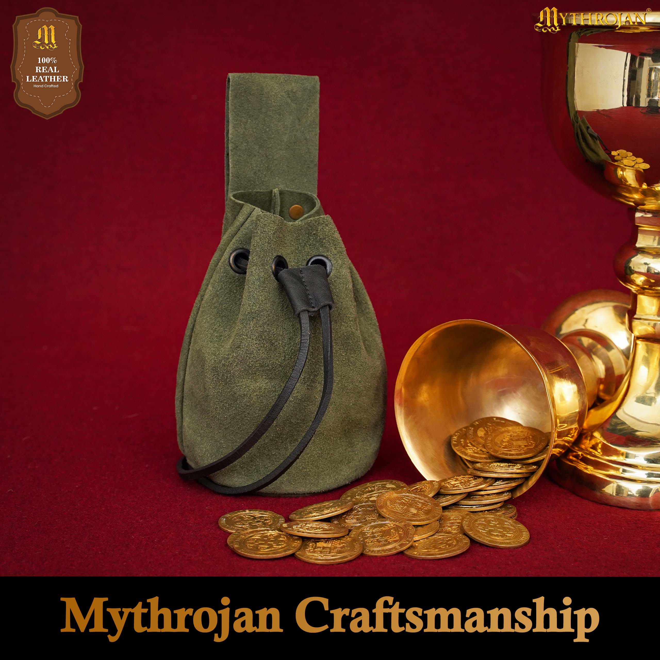 Mythrojan Medieval Drawstring Belt Bag, Ideal for SCA LARP Reenactment & Ren Fair, Suede Leather, Sage 6”×5”