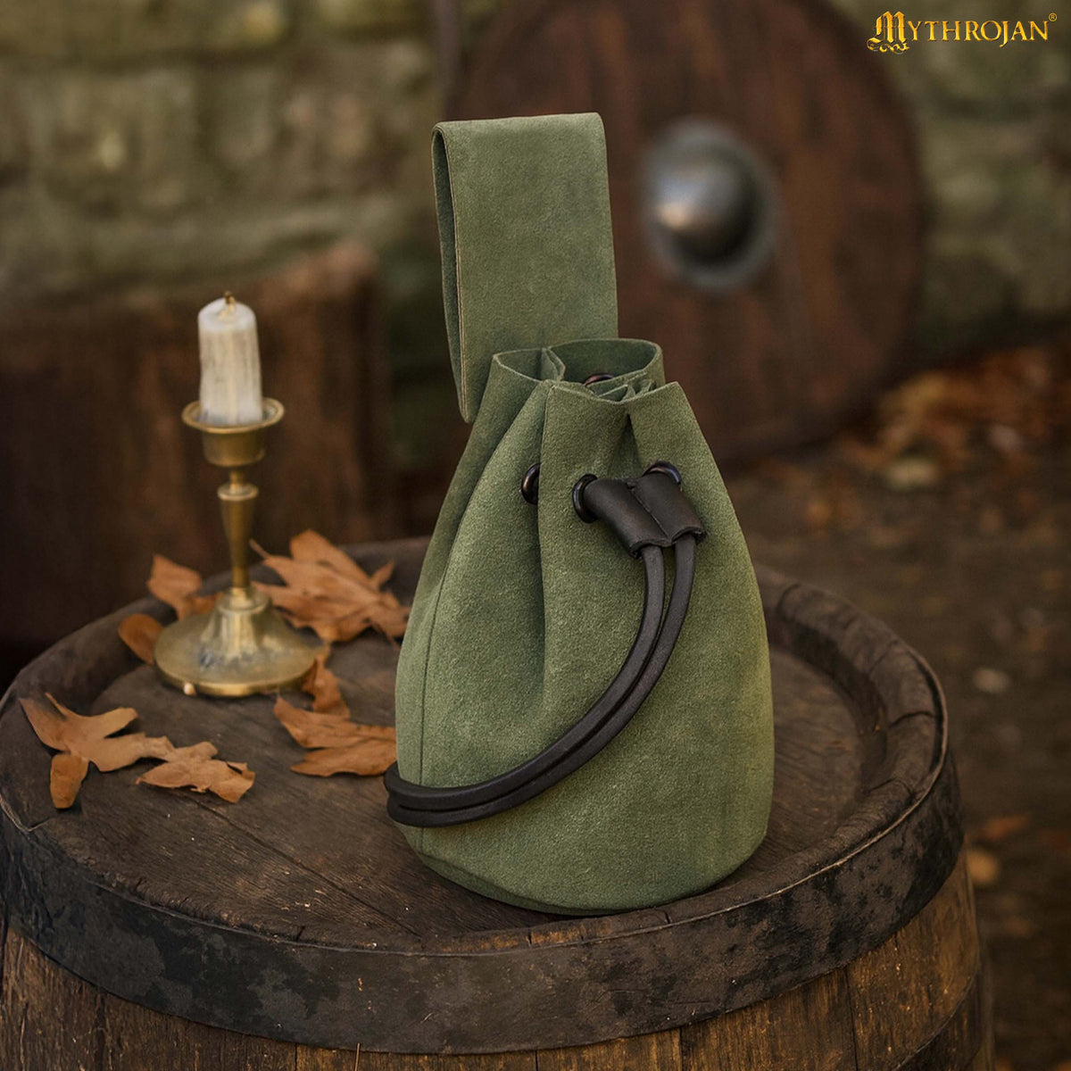 Mythrojan Medieval Drawstring Belt Bag, Ideal for SCA LARP Reenactment & Ren fair , Suede Leather , Black 6” ×5 ”