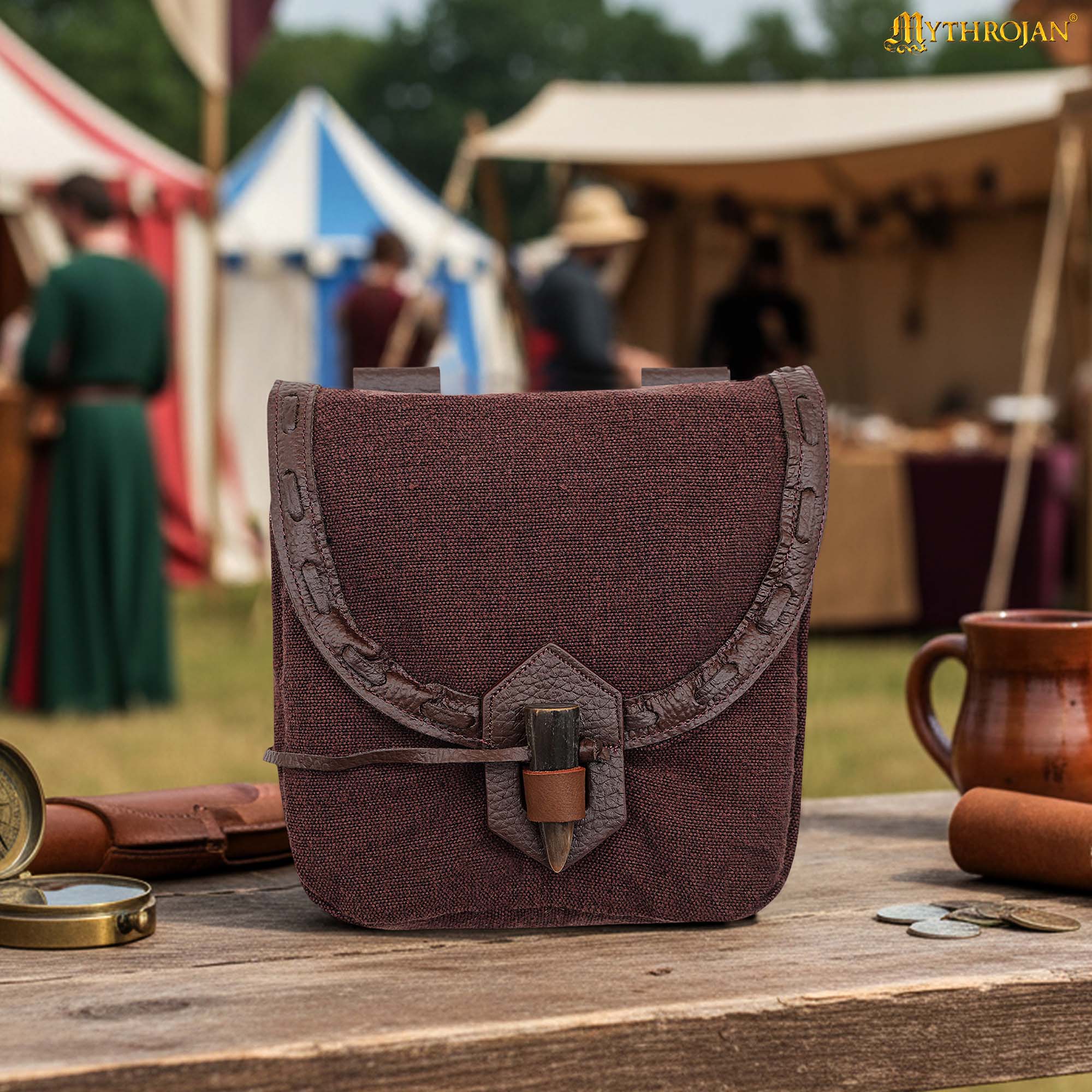 Mythrojan “The Adventurer ’s ” Belt Bag with Horn Toggle, Ideal for SCA LARP Reenactment & Ren fair, Full Grain Leather and Handwoven Canvas, Brown, 8 ” ×7 ”