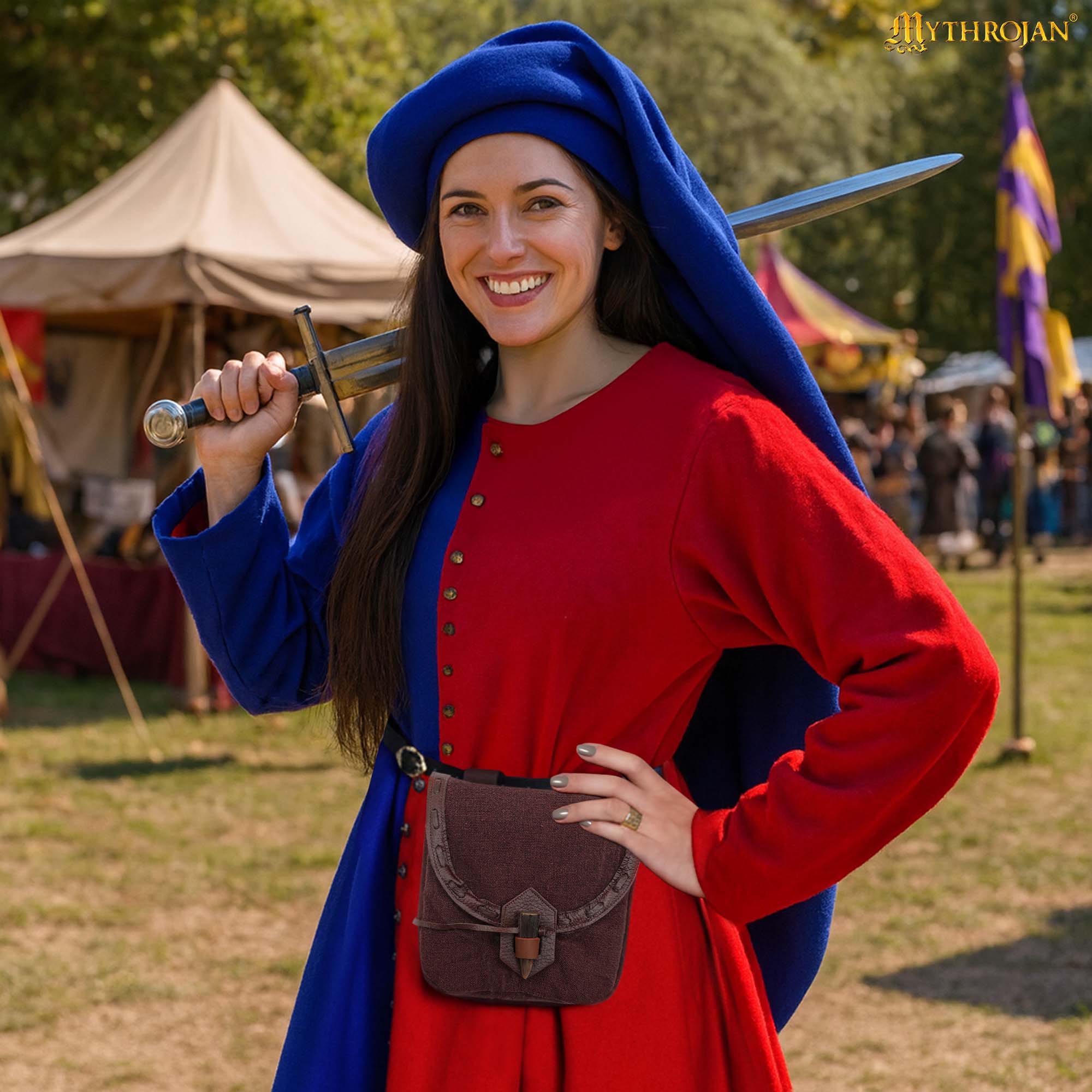 Mythrojan “The Adventurer ’s ” Belt Bag with Horn Toggle, Ideal for SCA LARP Reenactment & Ren fair, Full Grain Leather and Handwoven Canvas, Brown, 8 ” ×7 ”