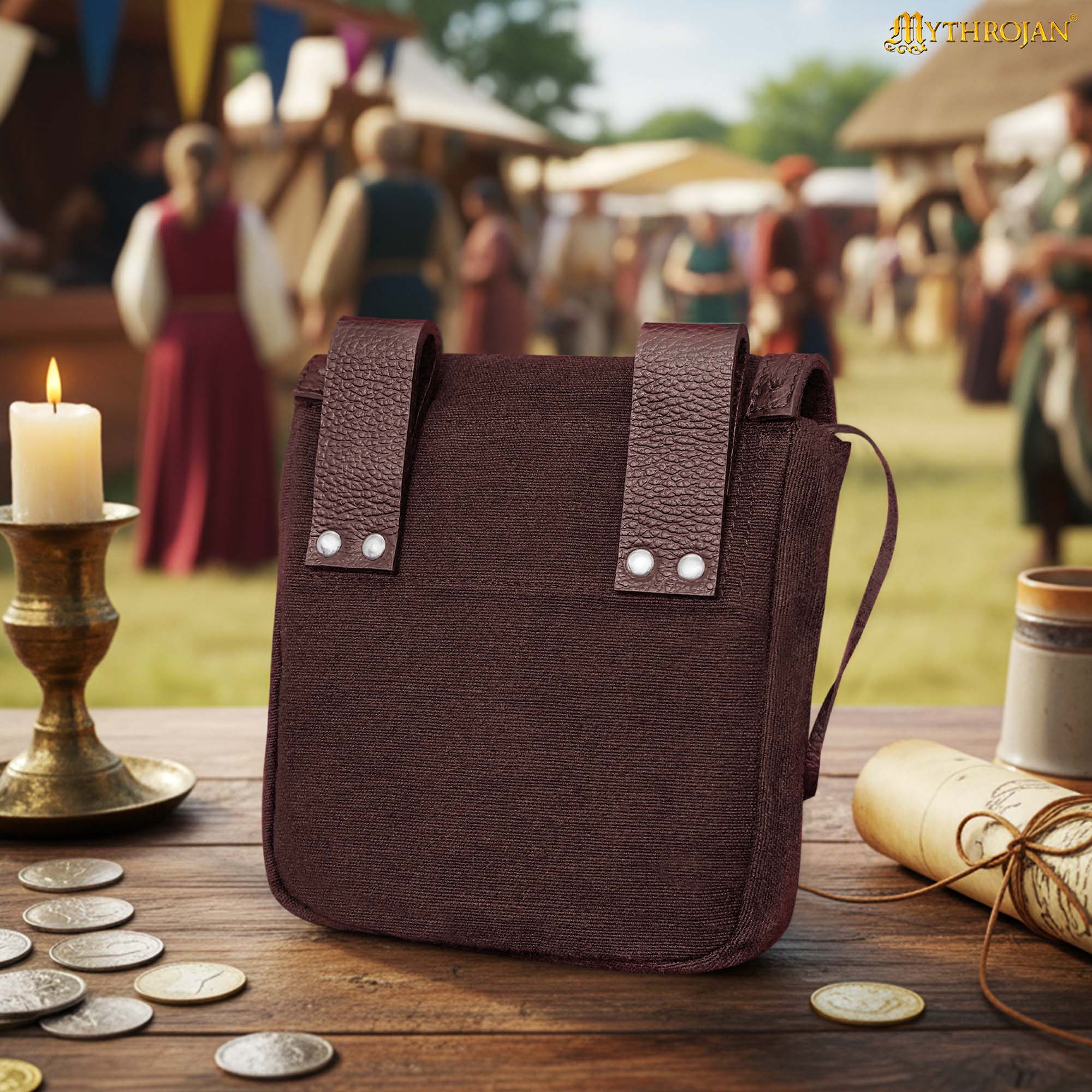 Mythrojan “The Adventurer ’s ” Belt Bag with Horn Toggle, Ideal for SCA LARP Reenactment & Ren fair, Full Grain Leather and Handwoven Canvas, Brown, 8 ” ×7 ”