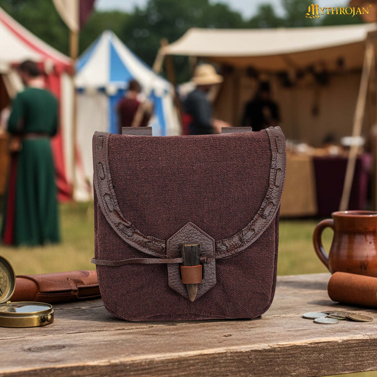 Mythrojan “The Adventurer’s” Belt Bag with Horn Toggle, Ideal for SCA LARP Reenactment & Ren fair, Full Grain Leather and Handwoven Canvas , Black , 8” × 7”