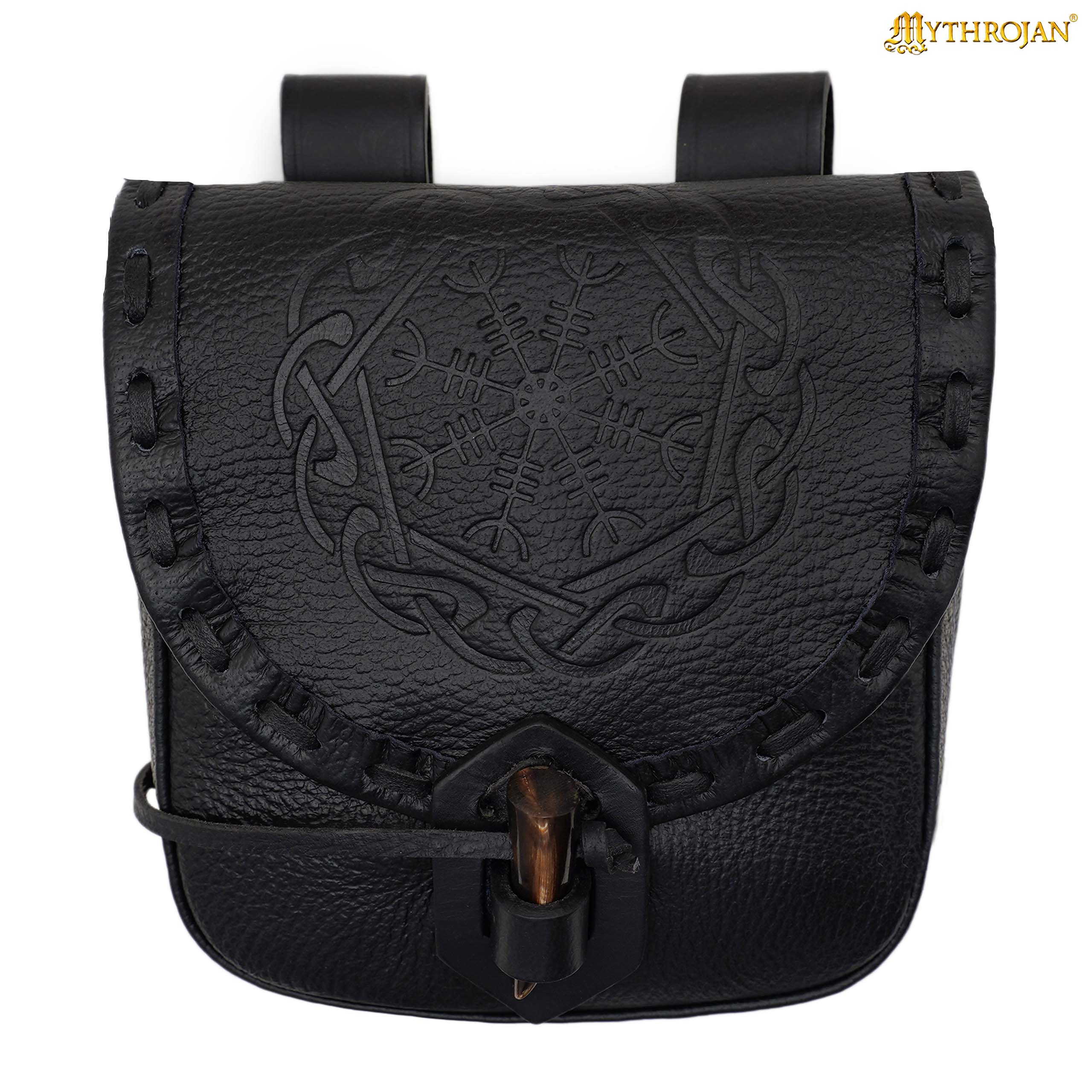 Mythrojan “The Adventurer’s” Belt Bag with Horn Toggle, ideal for SCA LARP reenactment & Ren fair, Full Grain Leather, Black 7”