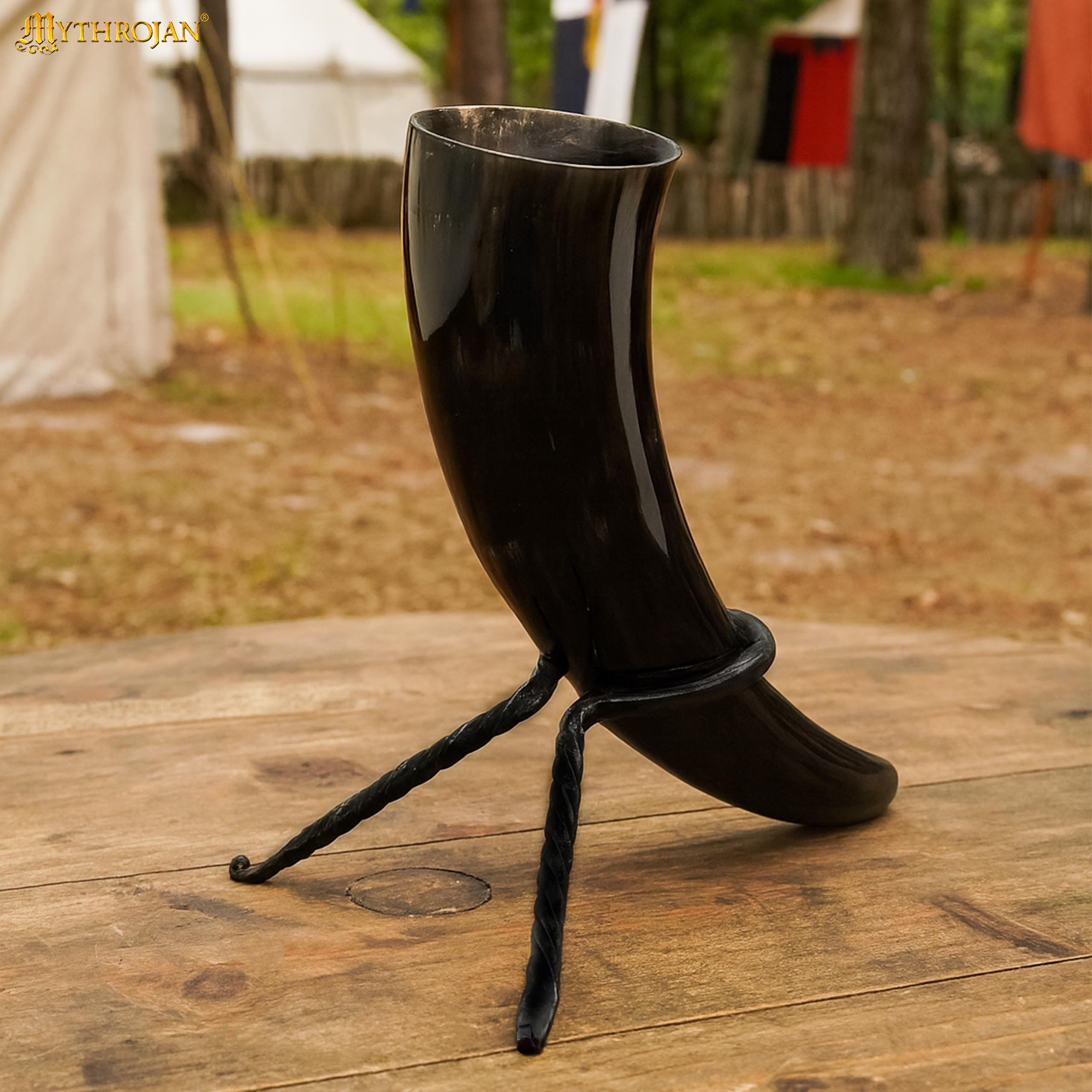 Mythrojan Hand Forged Drinking Ale Horn Rack Twisted Iron Ale Mead Horn Stand Medieval & Viking - Viking