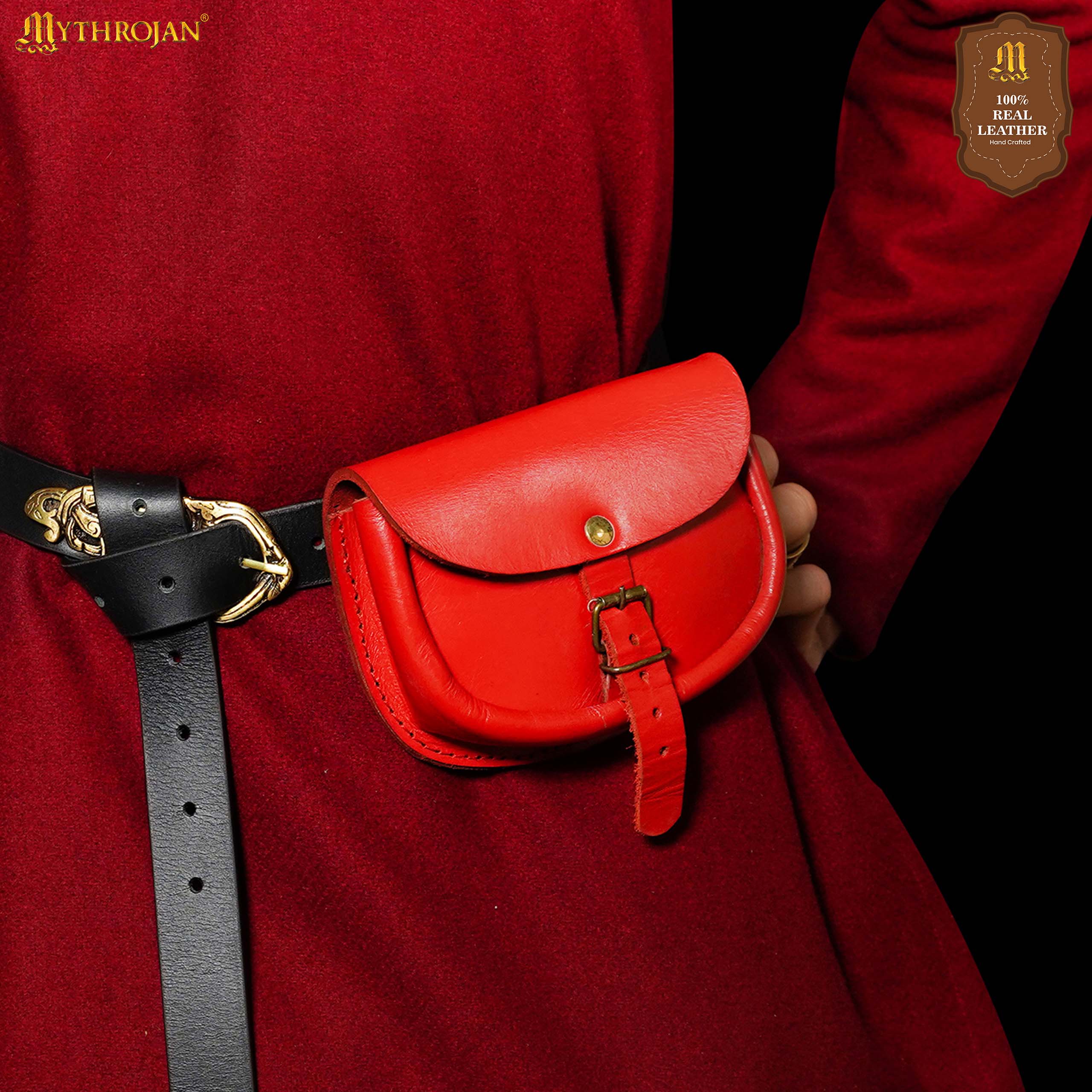 Mythrojan “ The Medieval Burglar ” Leather Bag, Ideal for SCA LARP Reenactment & Ren fair - Full Grain Leather, Red 4.7 ” ×6.2 ”