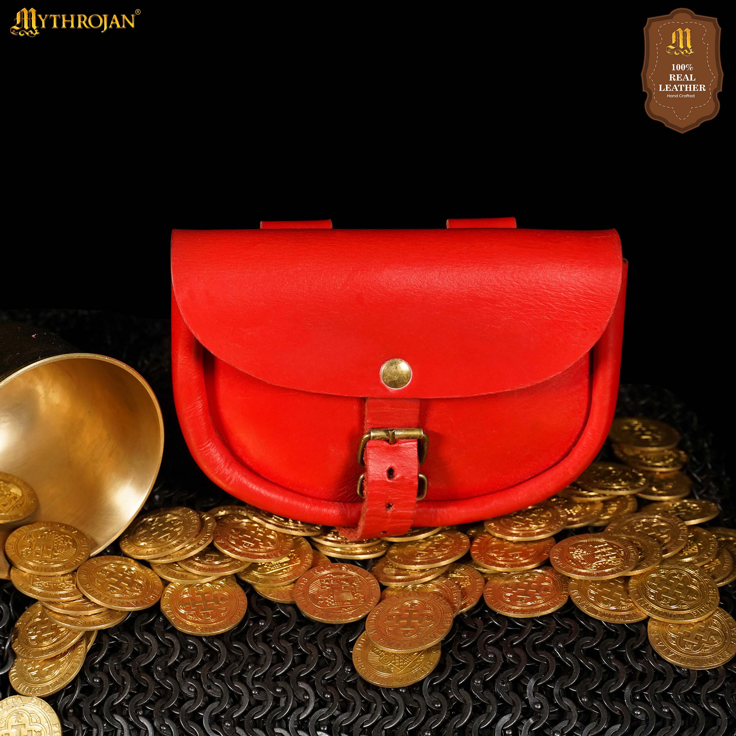 Mythrojan “ The Medieval Burglar ” Leather Bag, Ideal for SCA LARP Reenactment & Ren fair - Full Grain Leather, Red 4.7 ” ×6.2 ”