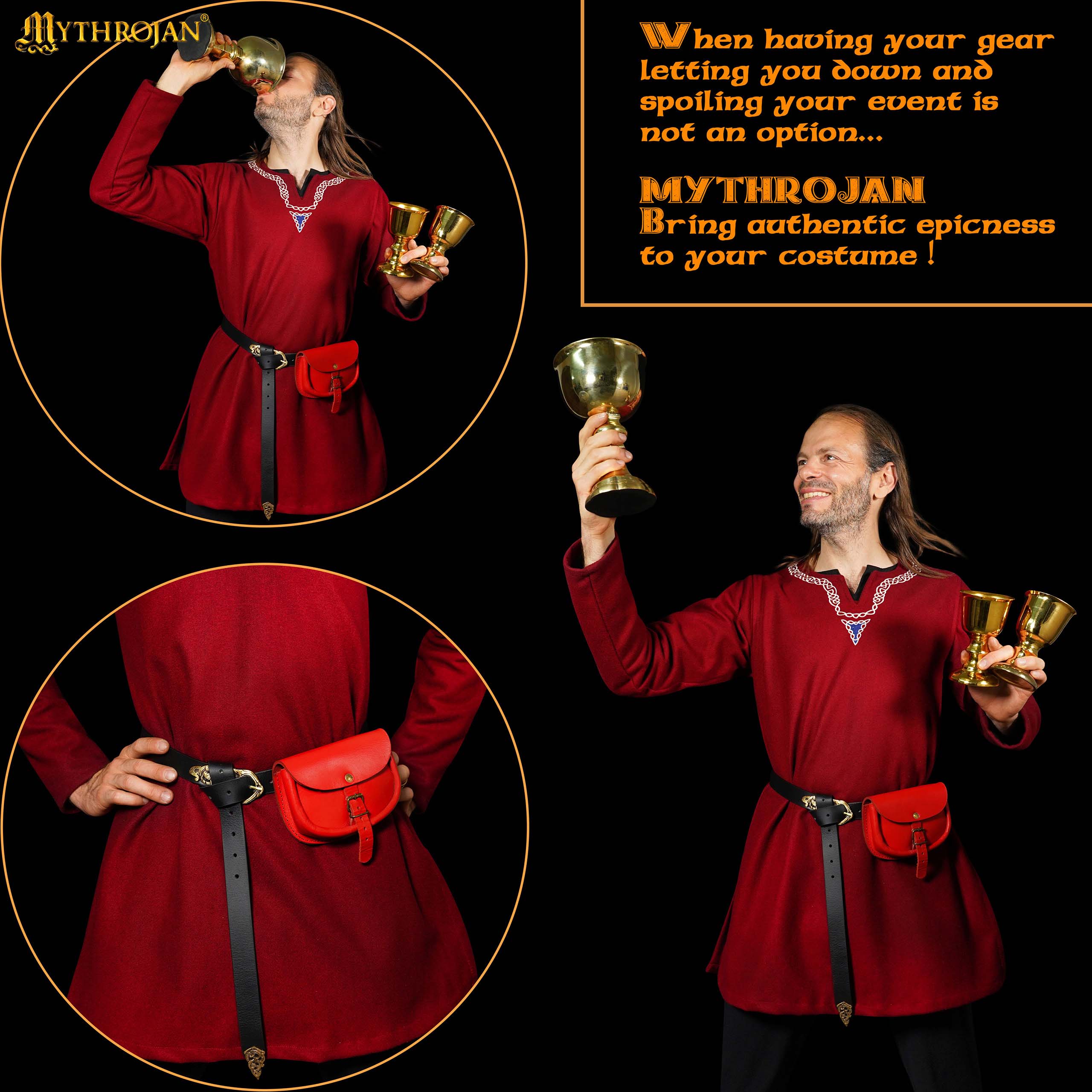 Mythrojan “ The Medieval Burglar ” Leather Bag, Ideal for SCA LARP Reenactment & Ren fair - Full Grain Leather, Red 4.7 ” ×6.2 ”