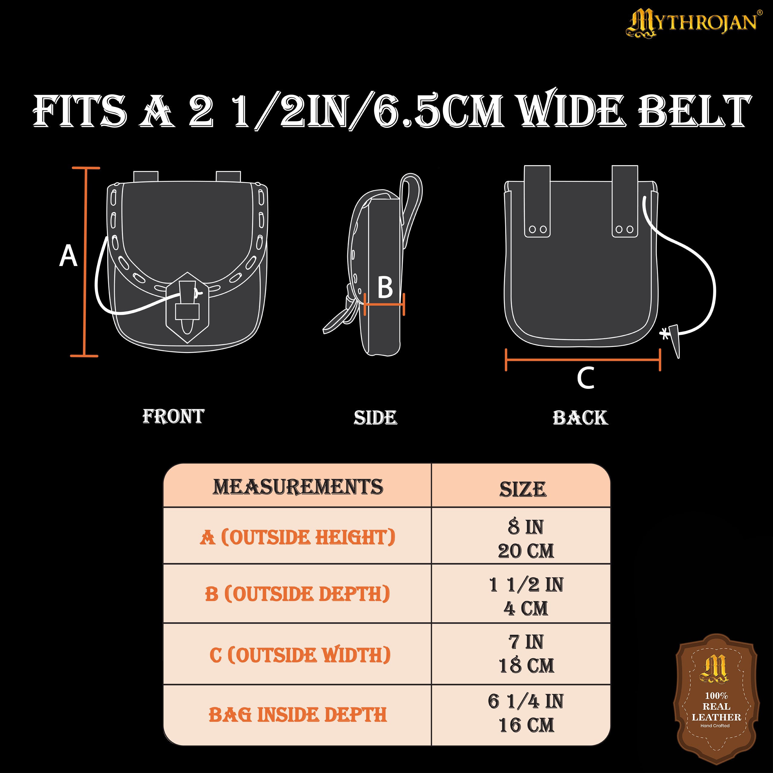 Mythrojan “The Adventurer’s” Belt Bag with Solid Brass Eagle Decoration , Ideal for SCA LARP Reenactment & Ren fair, Full Grain Leather, Black , 8”x 7”