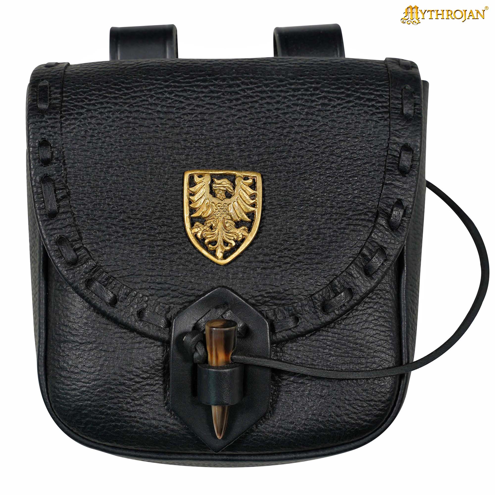 Mythrojan “The Adventurer’s” Belt Bag with Solid Brass Eagle Decoration , Ideal for SCA LARP Reenactment & Ren fair, Full Grain Leather, Black , 8”x 7”