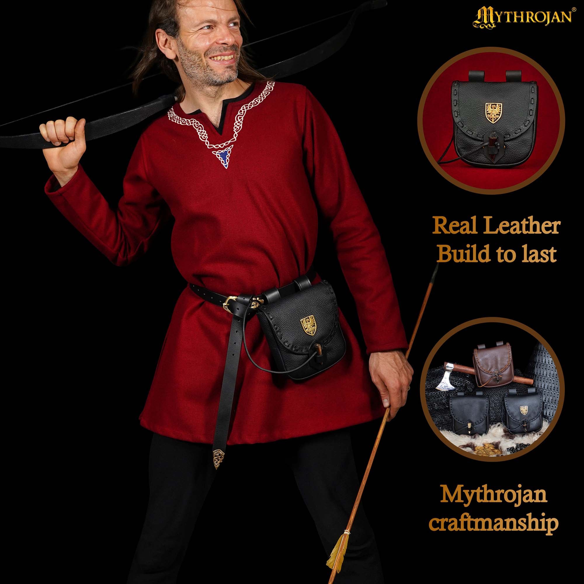 Mythrojan “The Adventurer’s” Belt Bag with Solid Brass Eagle Decoration , Ideal for SCA LARP Reenactment & Ren fair, Full Grain Leather, Black , 8”x 7”