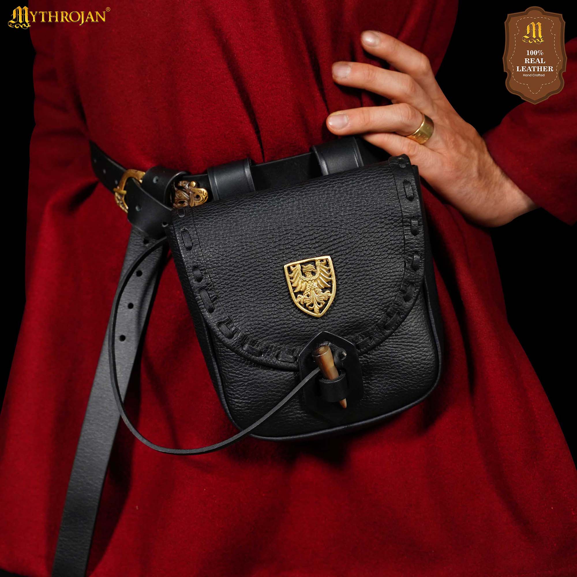 Mythrojan “The Adventurer’s” Belt Bag with Solid Brass Eagle Decoration , Ideal for SCA LARP Reenactment & Ren fair, Full Grain Leather, Black , 8”x 7”