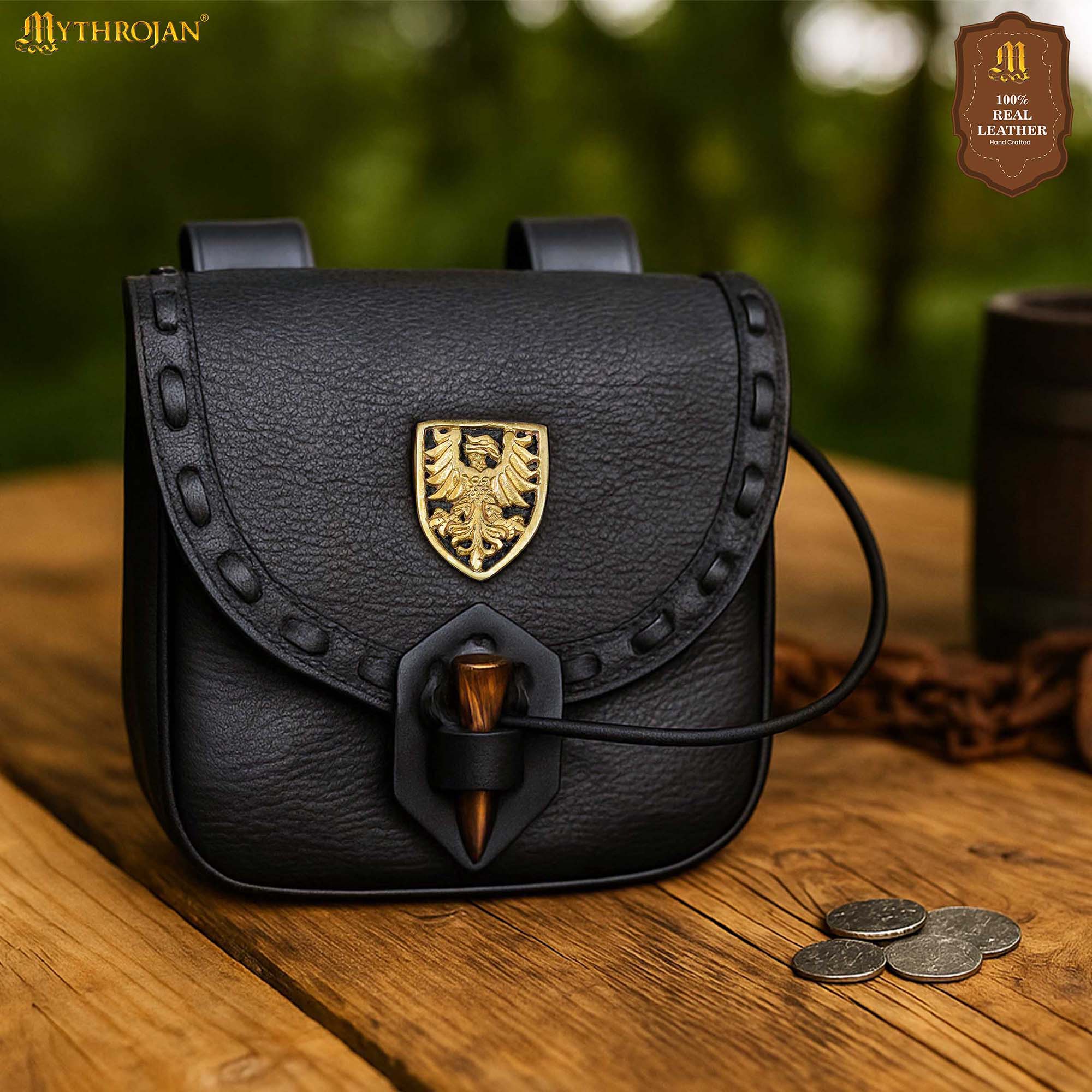 Mythrojan “The Adventurer’s” Belt Bag with Solid Brass Eagle Decoration , Ideal for SCA LARP Reenactment & Ren fair, Full Grain Leather, Black , 8”x 7”