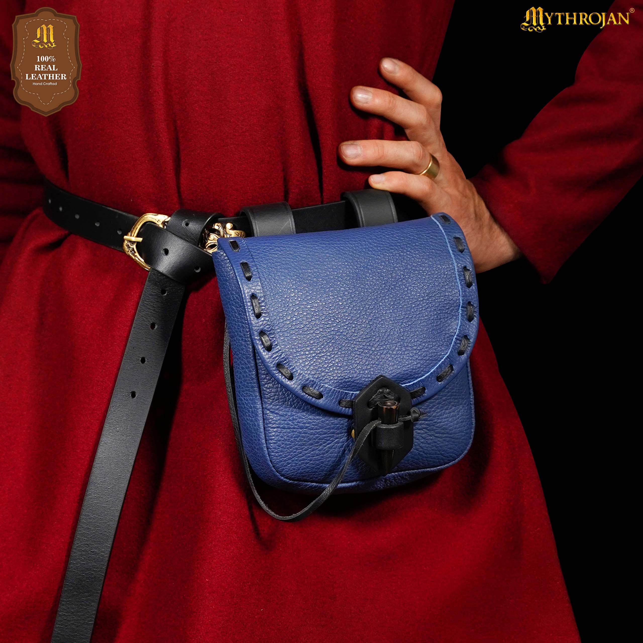 Mythrojan “The Adventurer’s” Belt Bag with Horn Toggle, Ideal for SCA LARP Reenactment & Ren fair, Full Grain Leather, Blue, 8”x 7”