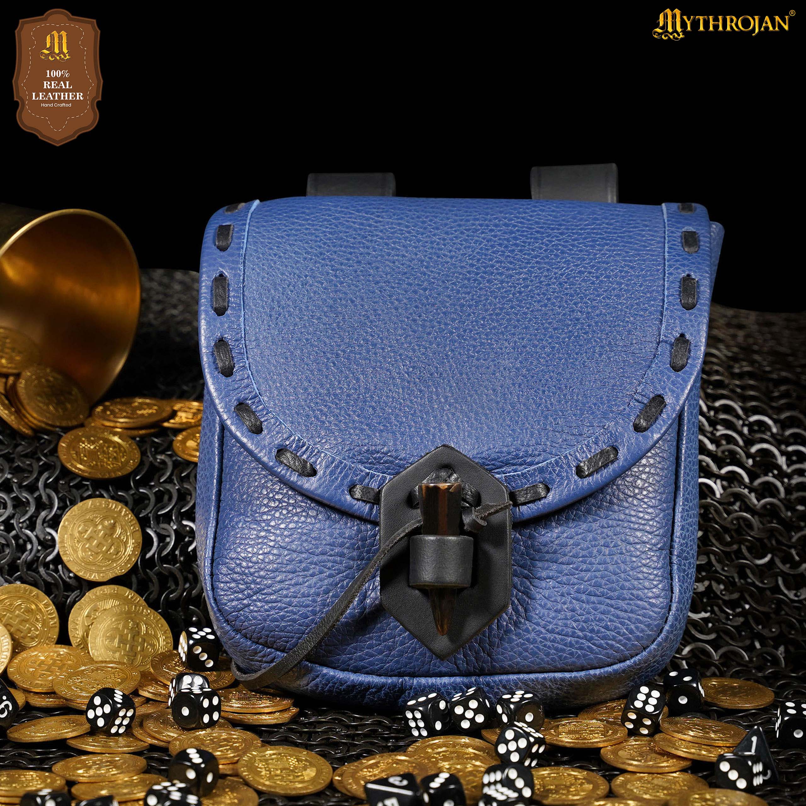 Mythrojan “The Adventurer’s” Belt Bag with Horn Toggle, Ideal for SCA LARP Reenactment & Ren fair, Full Grain Leather, Blue, 8”x 7”