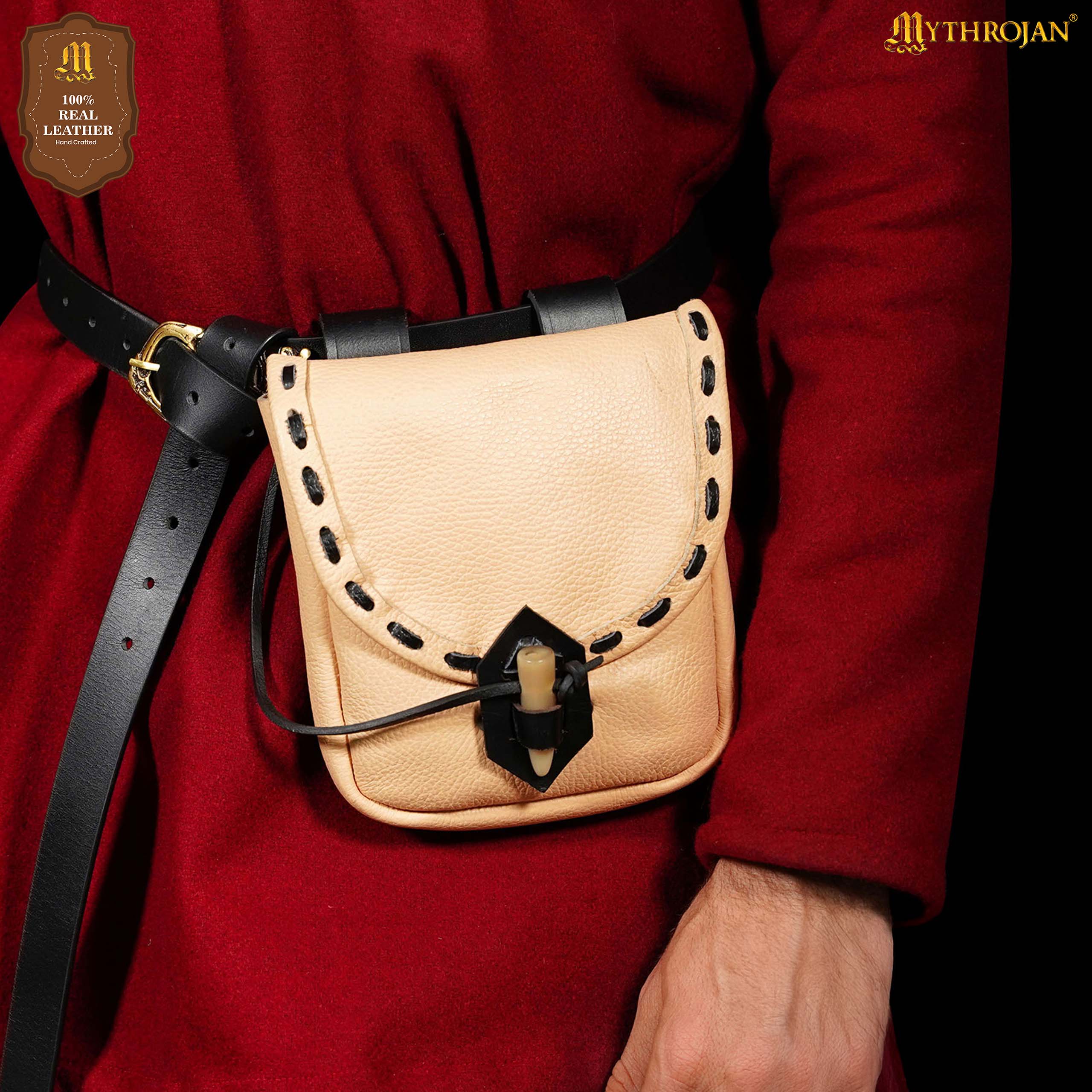 Mythrojan “The Adventurer’s” Belt Bag with Horn Toggle, Ideal for SCA LARP Reenactment & Ren fair, Full Grain Leather, Natural, 8”x 7”