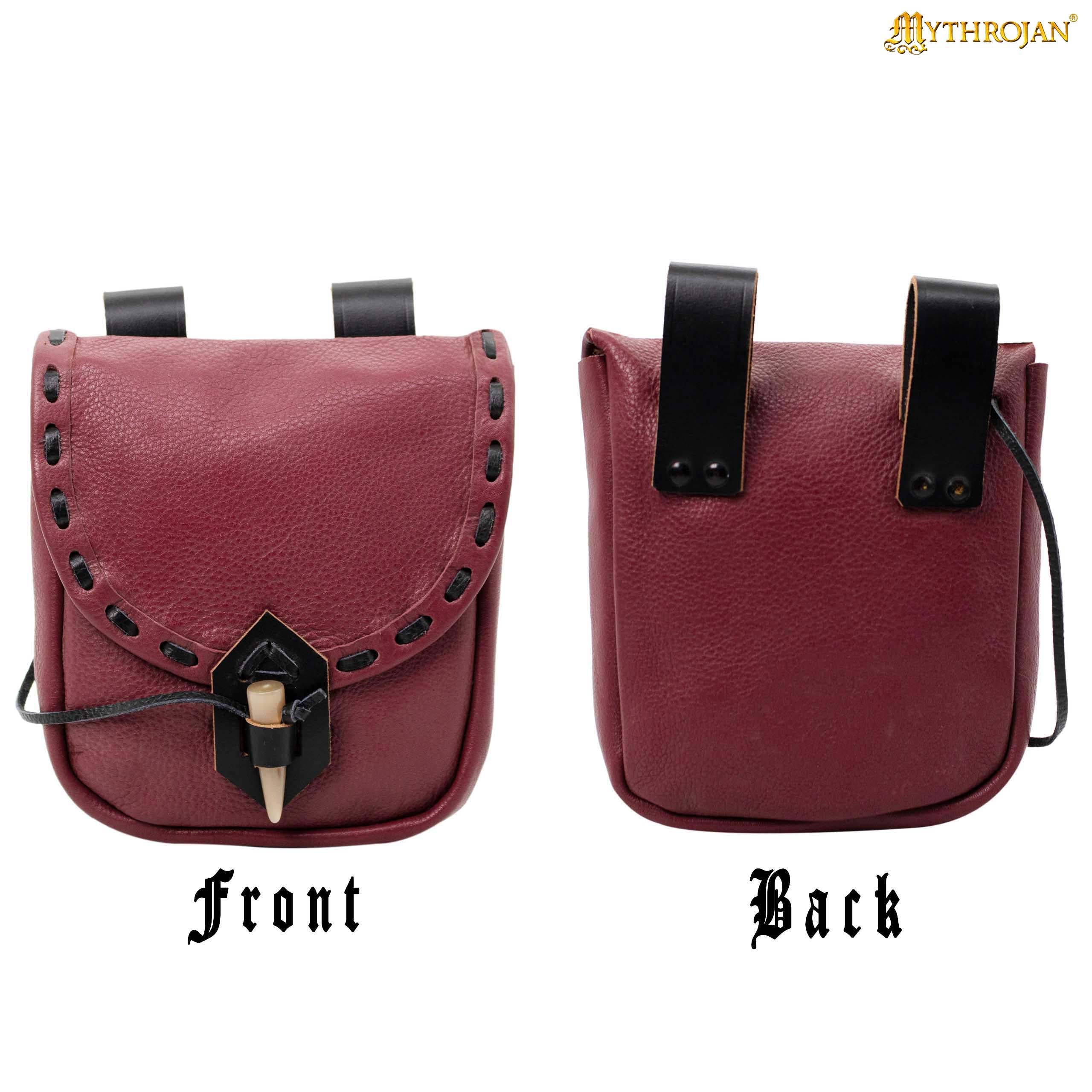 Mythrojan “The Adventurer’s” Belt Bag with Horn Toggle, Ideal for SCA LARP Reenactment & Ren Fair, Full Grain Leather, Wine Red 7”