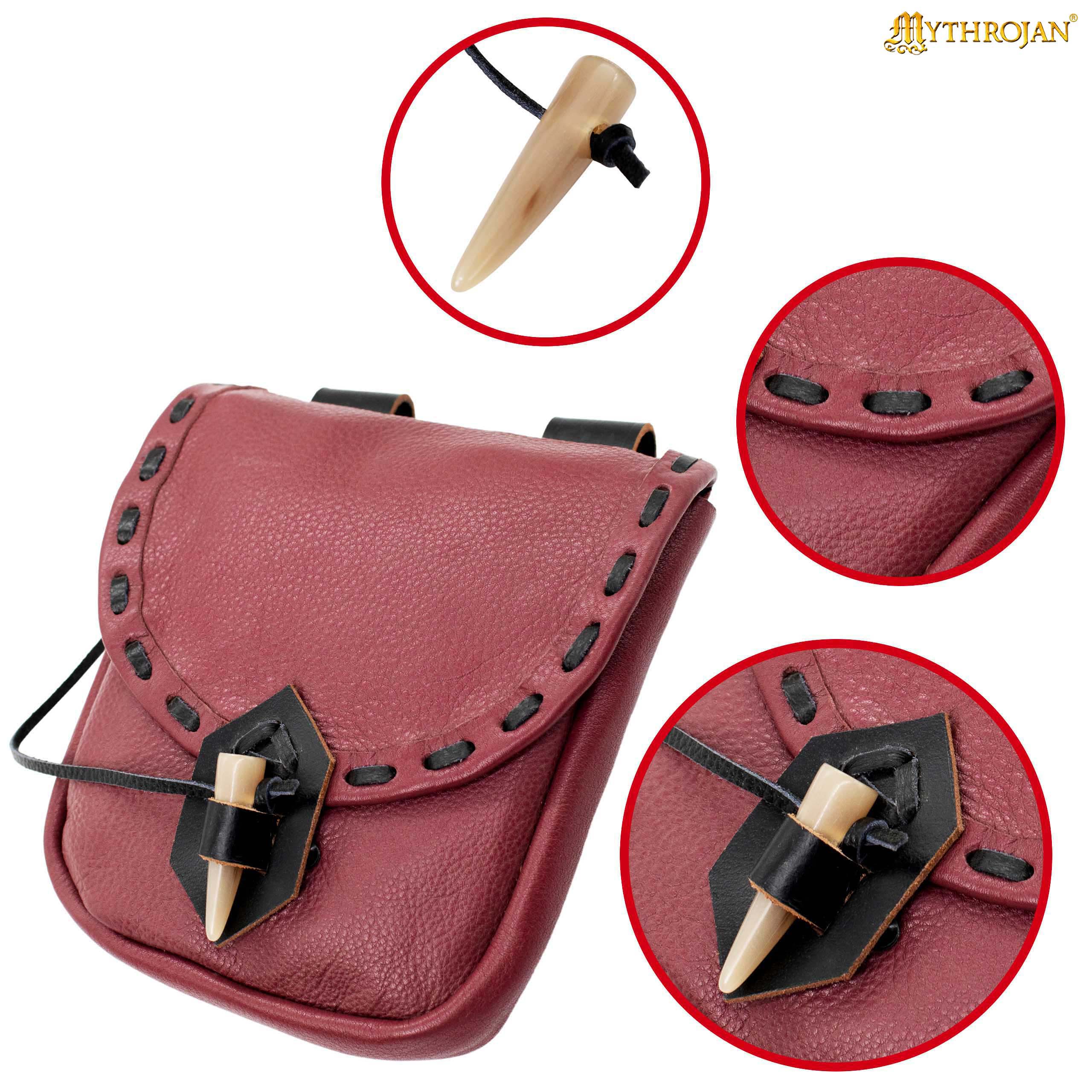 Mythrojan “The Adventurer’s” Belt Bag with Horn Toggle, Ideal for SCA LARP Reenactment & Ren Fair, Full Grain Leather, Wine Red 7”