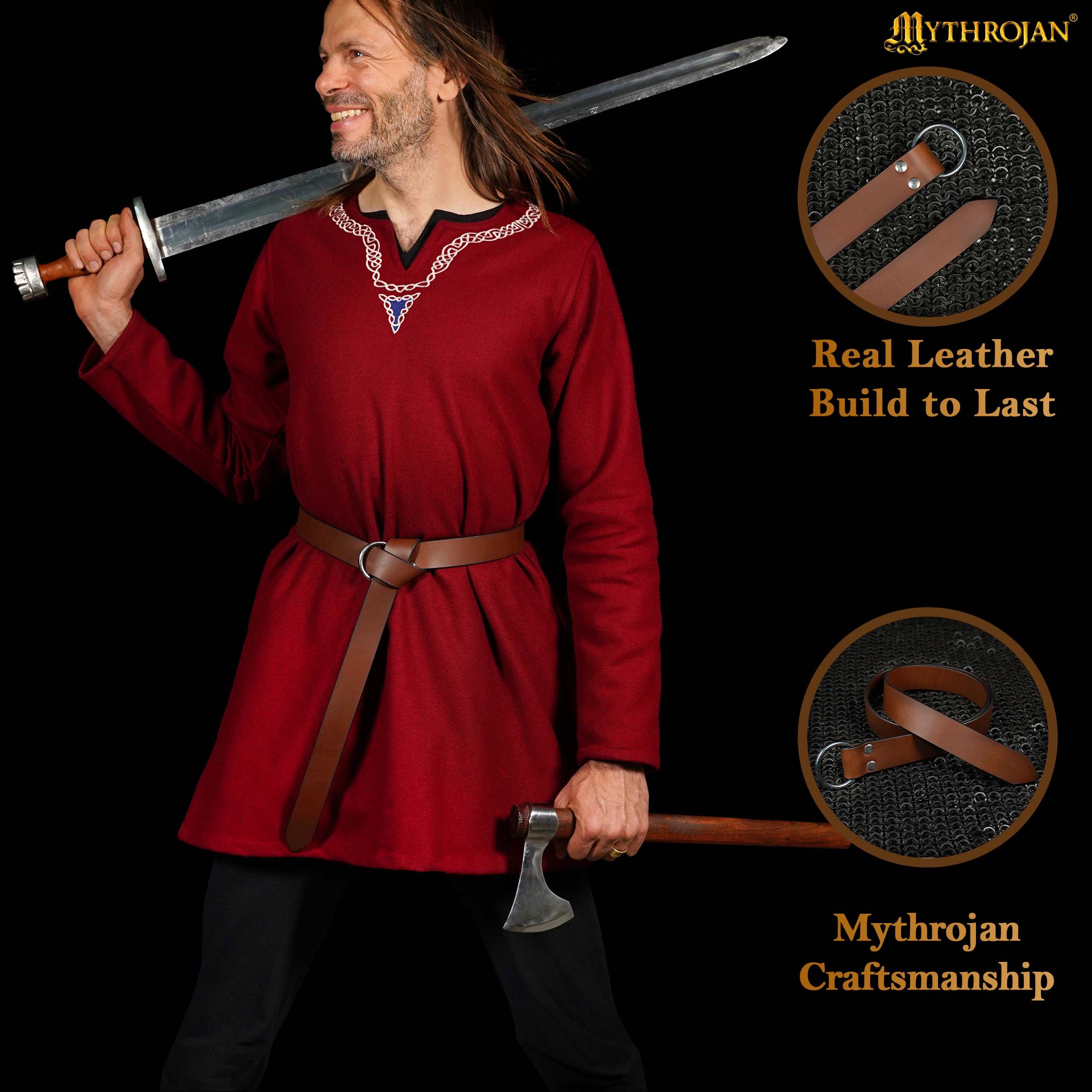 Mythrojan O - Ring Medieval Leather Belt, Ideal for LARP SCA Warrior Gothic Renaissance, BROWN