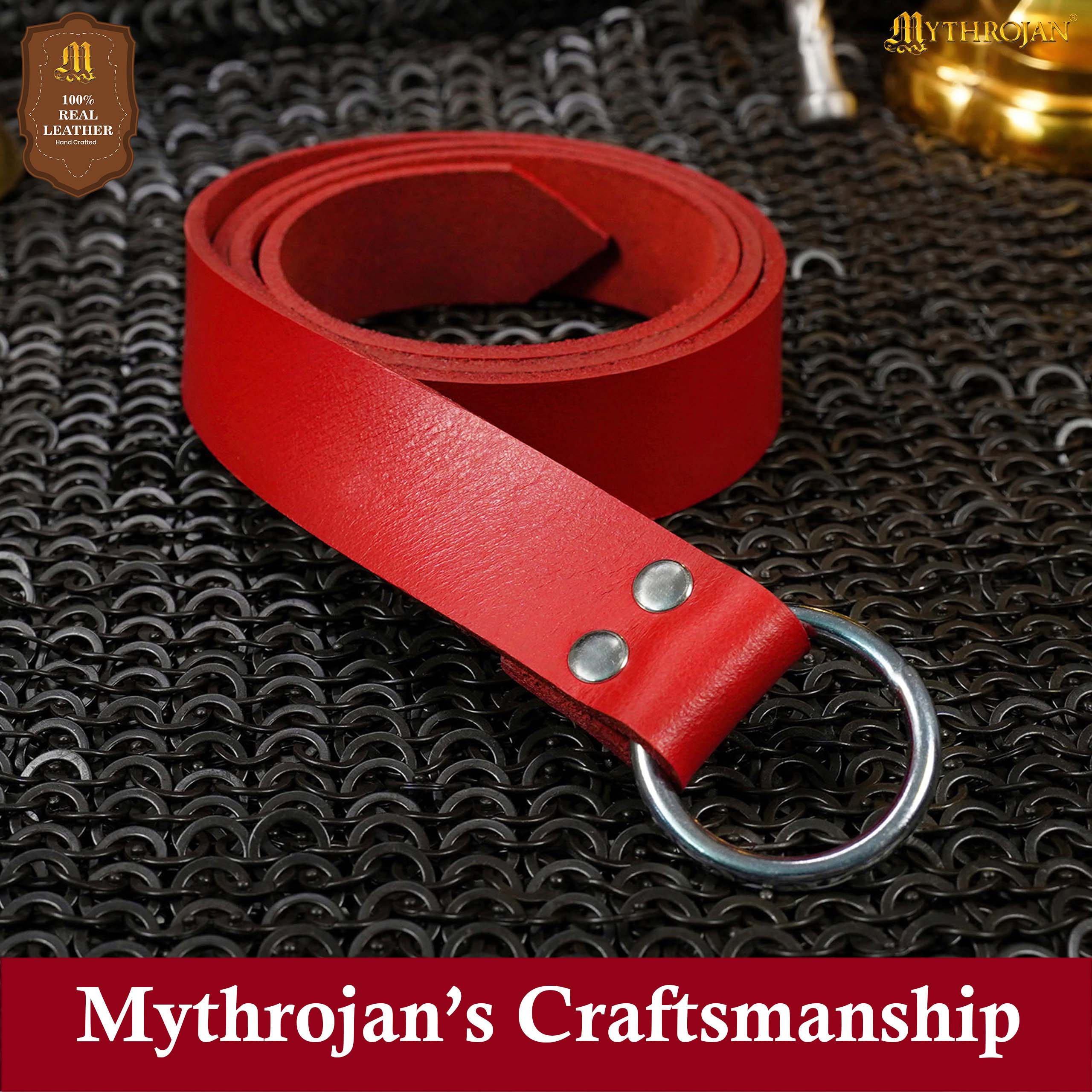 Mythrojan O - Ring Medieval Leather Belt, Ideal for LARP SCA Warrior Gothic Renaissance, RED