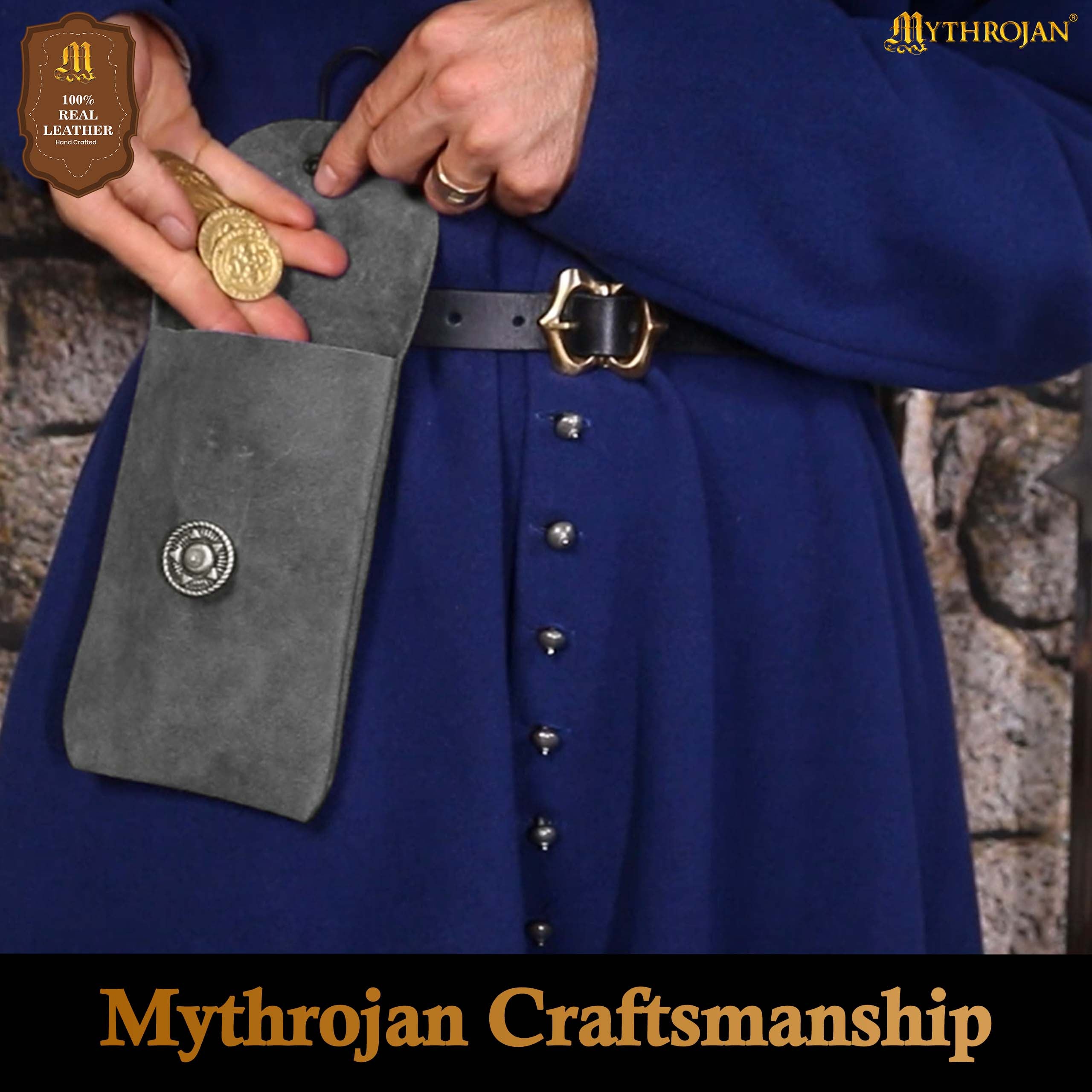 Mythrojan Suede Belt Bag, ideal for SCA LARP reenactment & Ren fair, Suede Leather, Grey, 7.2”×4.7”
