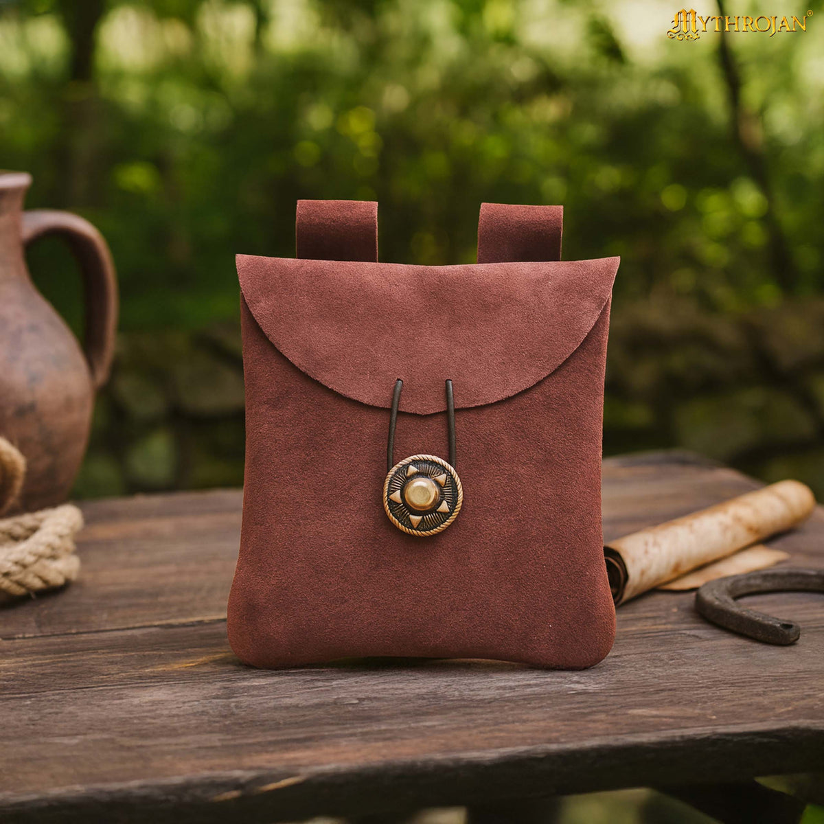 Mythrojan Suede Belt Bag, Ideal for SCA LARP Reenactment & Ren fair, Suede Leather, Yellow , 5 .5”× 5.1 ”