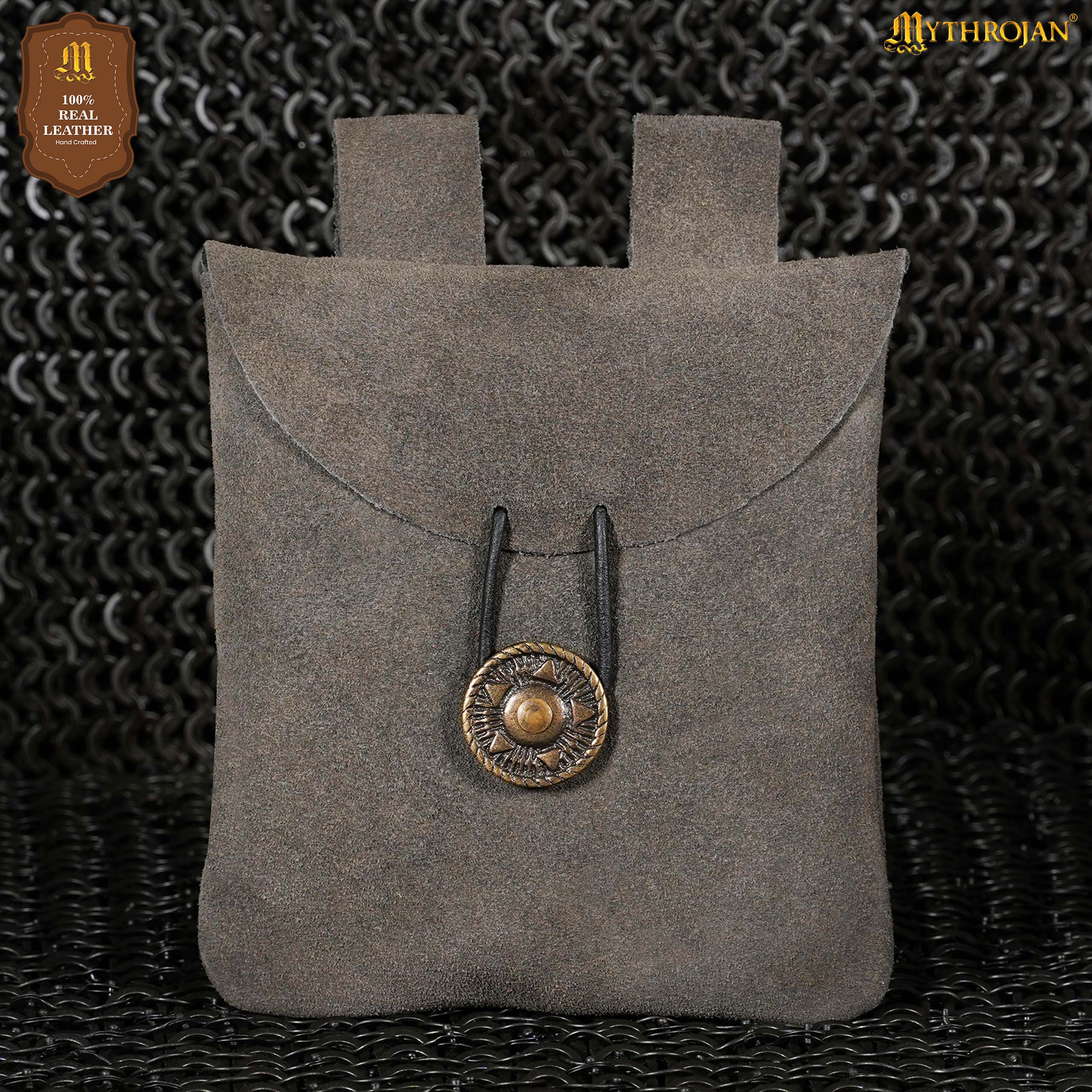 Mythrojan Suede Belt Bag, ideal for SCA LARP reenactment & Ren fair, Suede Leather, Grey, 5.5”×5.1”