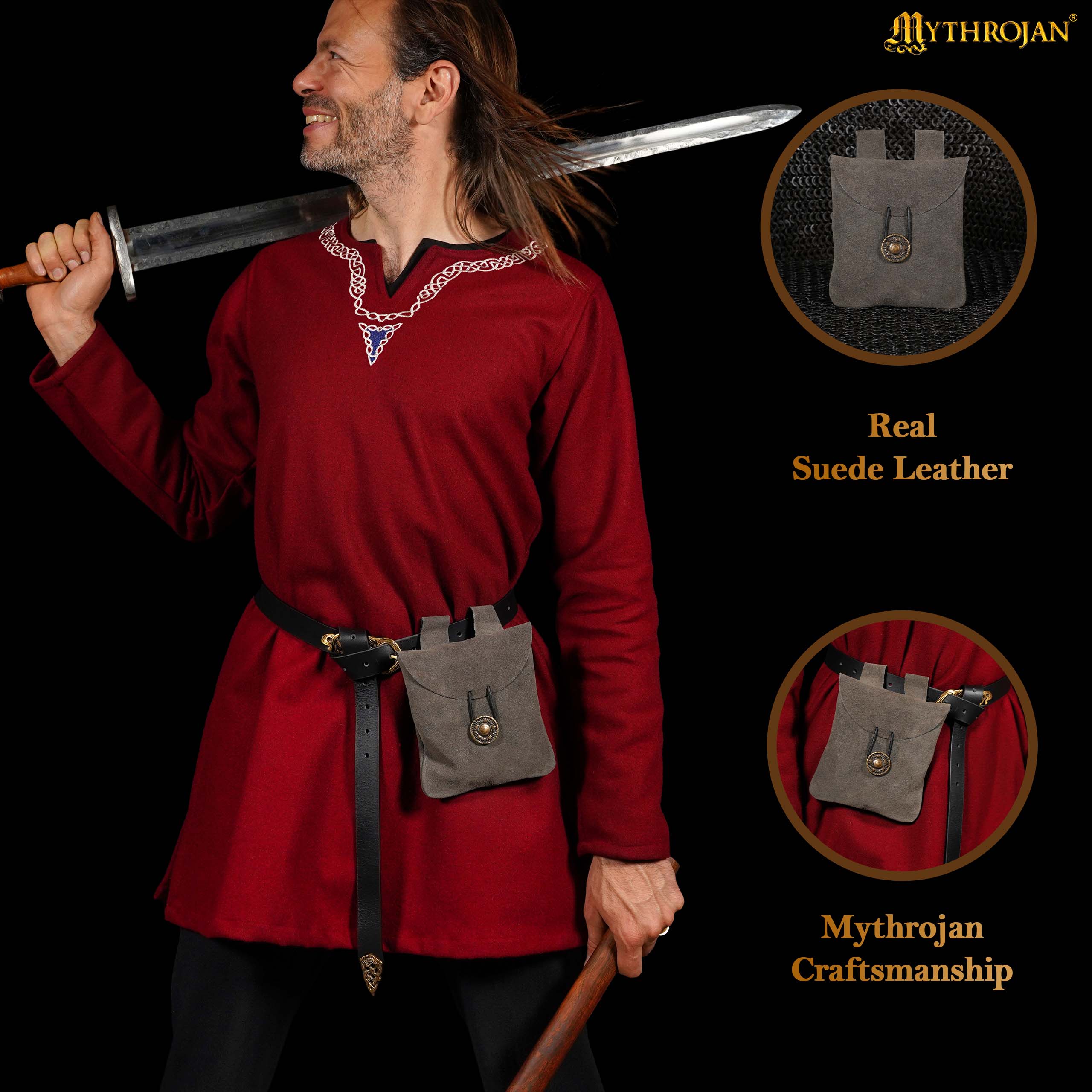 Mythrojan Suede Belt Bag, ideal for SCA LARP reenactment & Ren fair, Suede Leather, Grey, 5.5”×5.1”