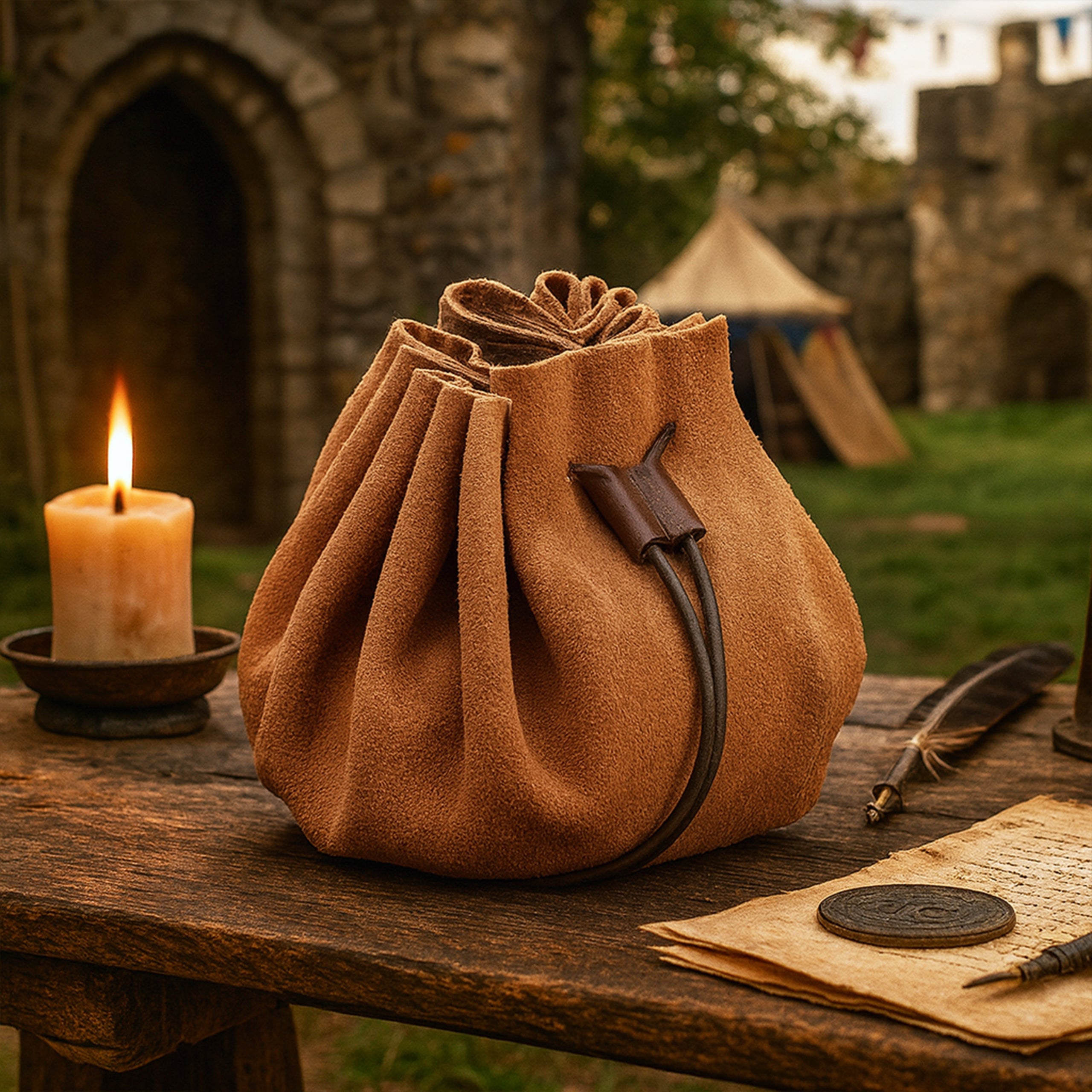 Mythrojan “ Gold and Dice ” Medieval Drawstring Bag, Ideal for SCA LARP Reenactment & Ren fair - Suede Leather Pouch, Brown 3.5