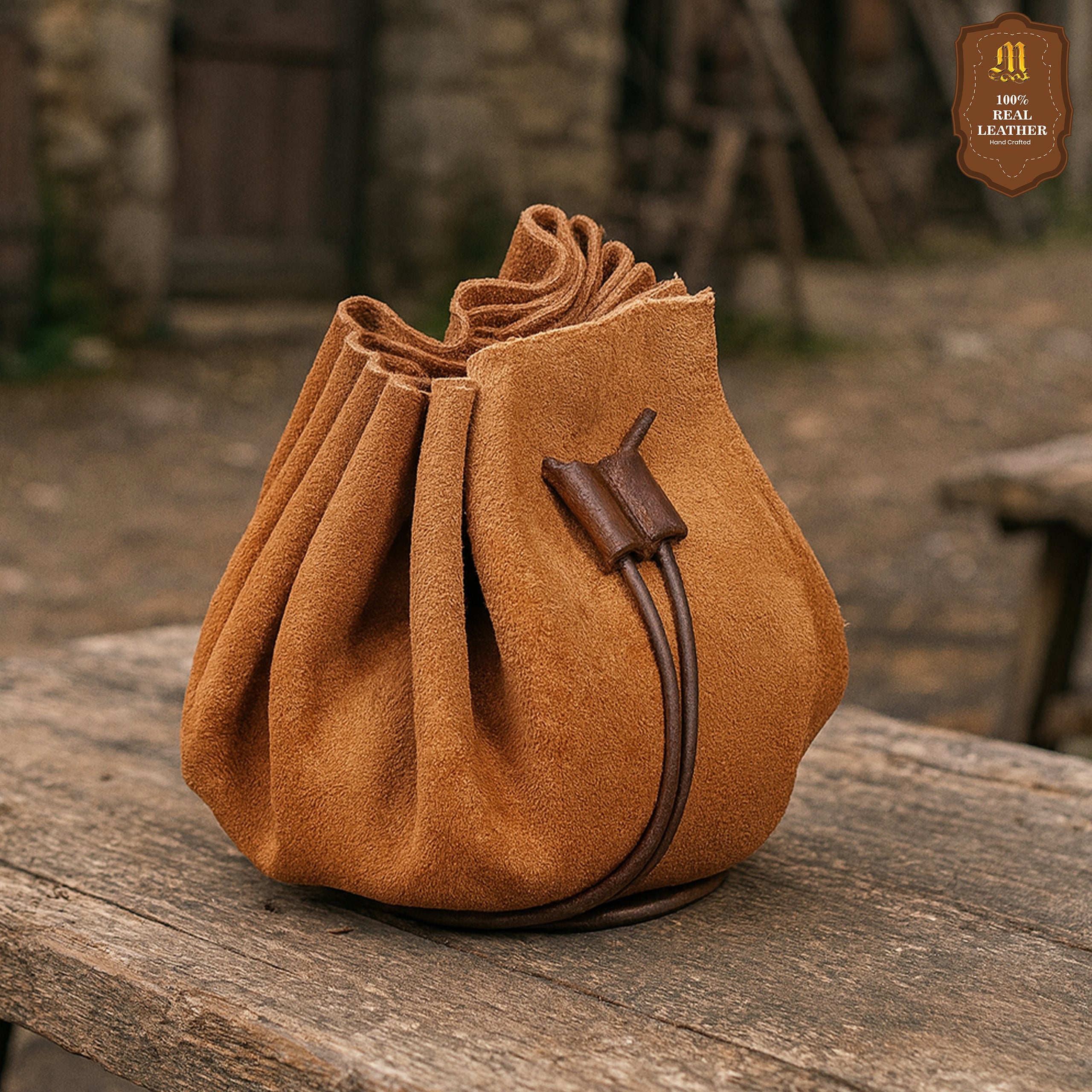 Mythrojan “ Gold and Dice ” Medieval Drawstring Bag, Ideal for SCA LARP Reenactment & Ren fair - Suede Leather Pouch, Brown 3.5