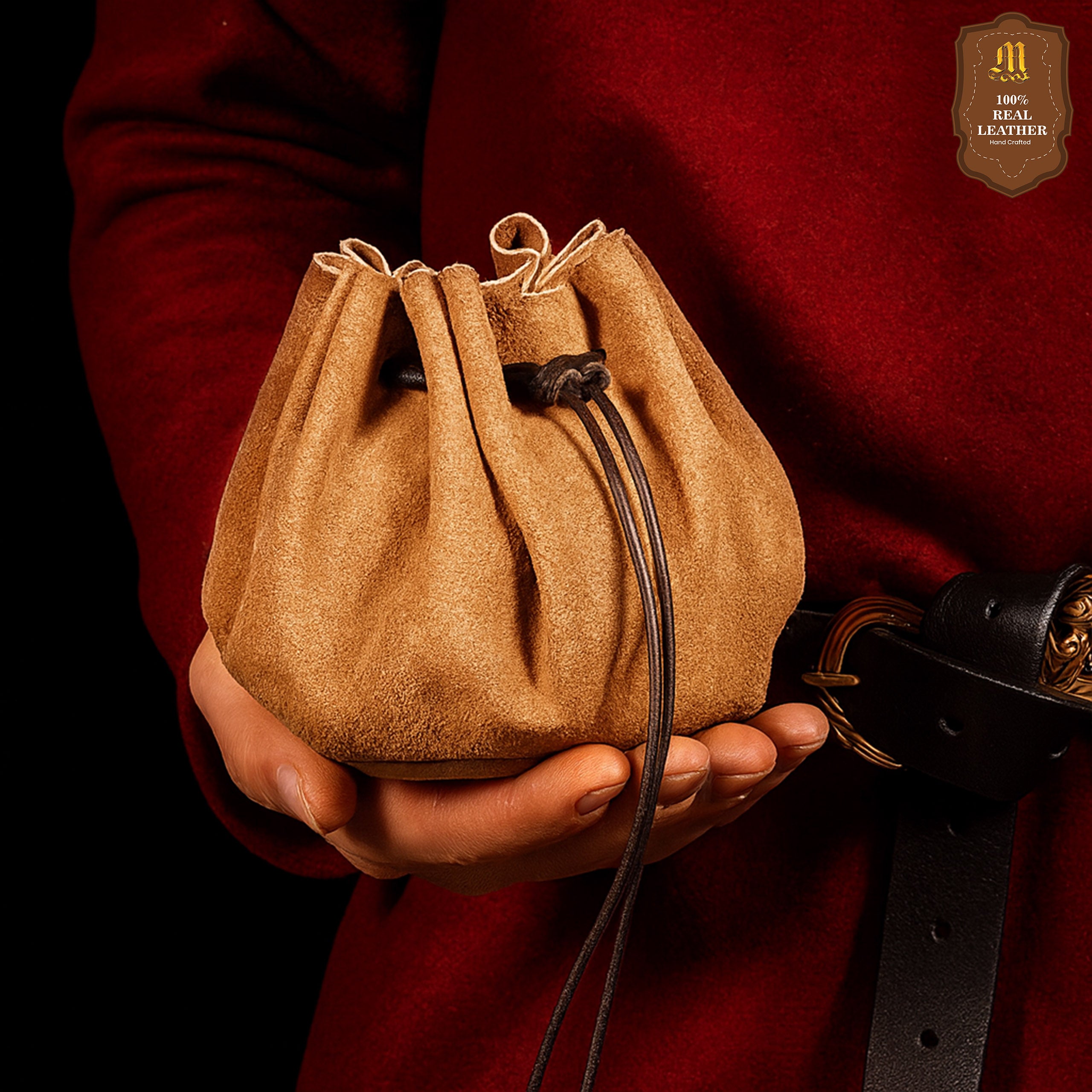 Mythrojan “ Gold and Dice ” Medieval Drawstring Bag, Ideal for SCA LARP Reenactment & Ren fair - Suede Leather Pouch, Brown 3.5