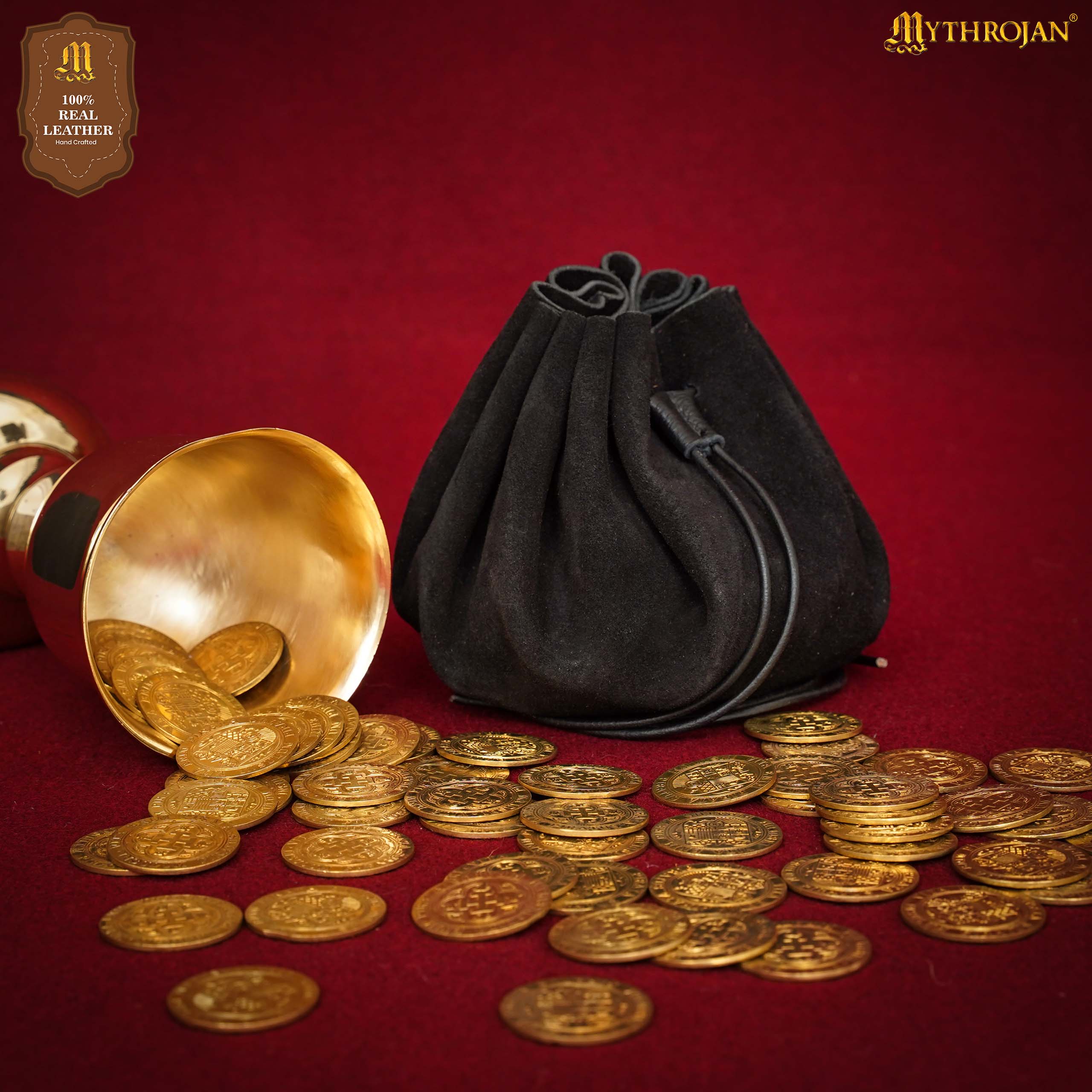 Mythrojan “ Gold and Dice ” Medieval Drawstring Bag, Ideal for SCA LARP Reenactment & Ren fair - Suede Leather Pouch, Black 3.5