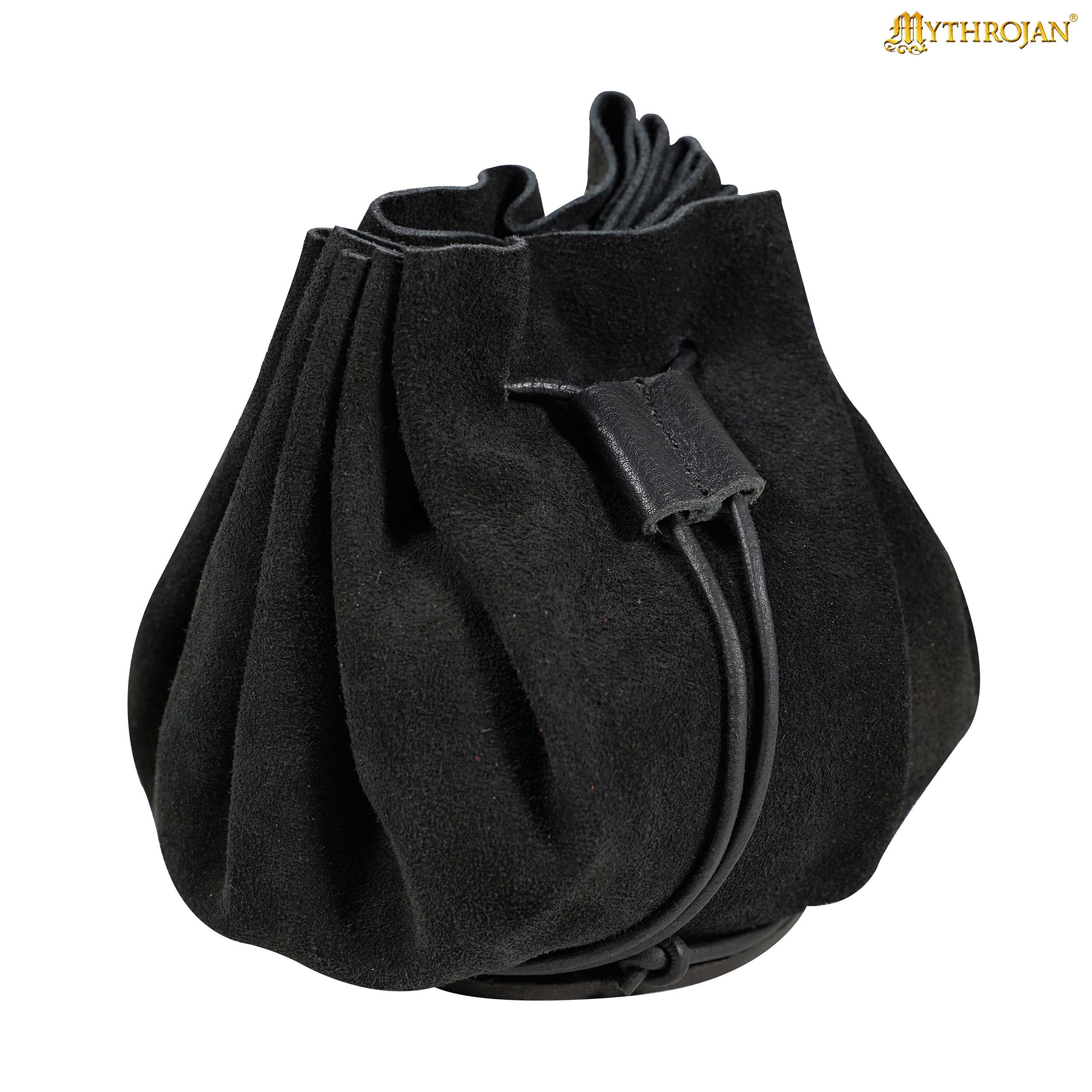 Mythrojan “ Gold and Dice ” Medieval Drawstring Bag, Ideal for SCA LARP Reenactment & Ren fair - Suede Leather Pouch, Black 3.5