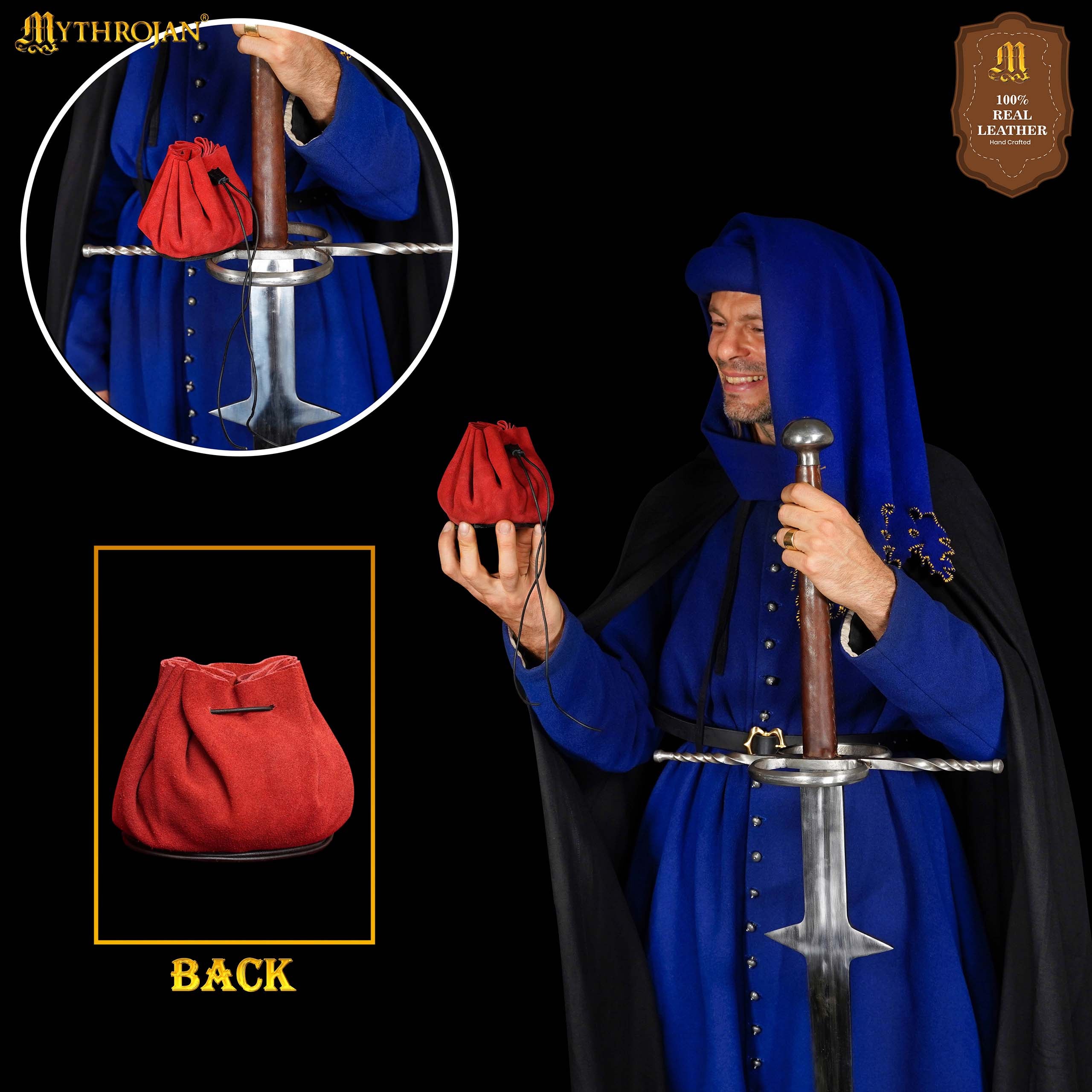 Mythrojan “ Gold and Dice ” Medieval Drawstring Pouch , Ideal for SCA LARP Reenactment & Ren fair : Suede Leather Bag , 3.5”