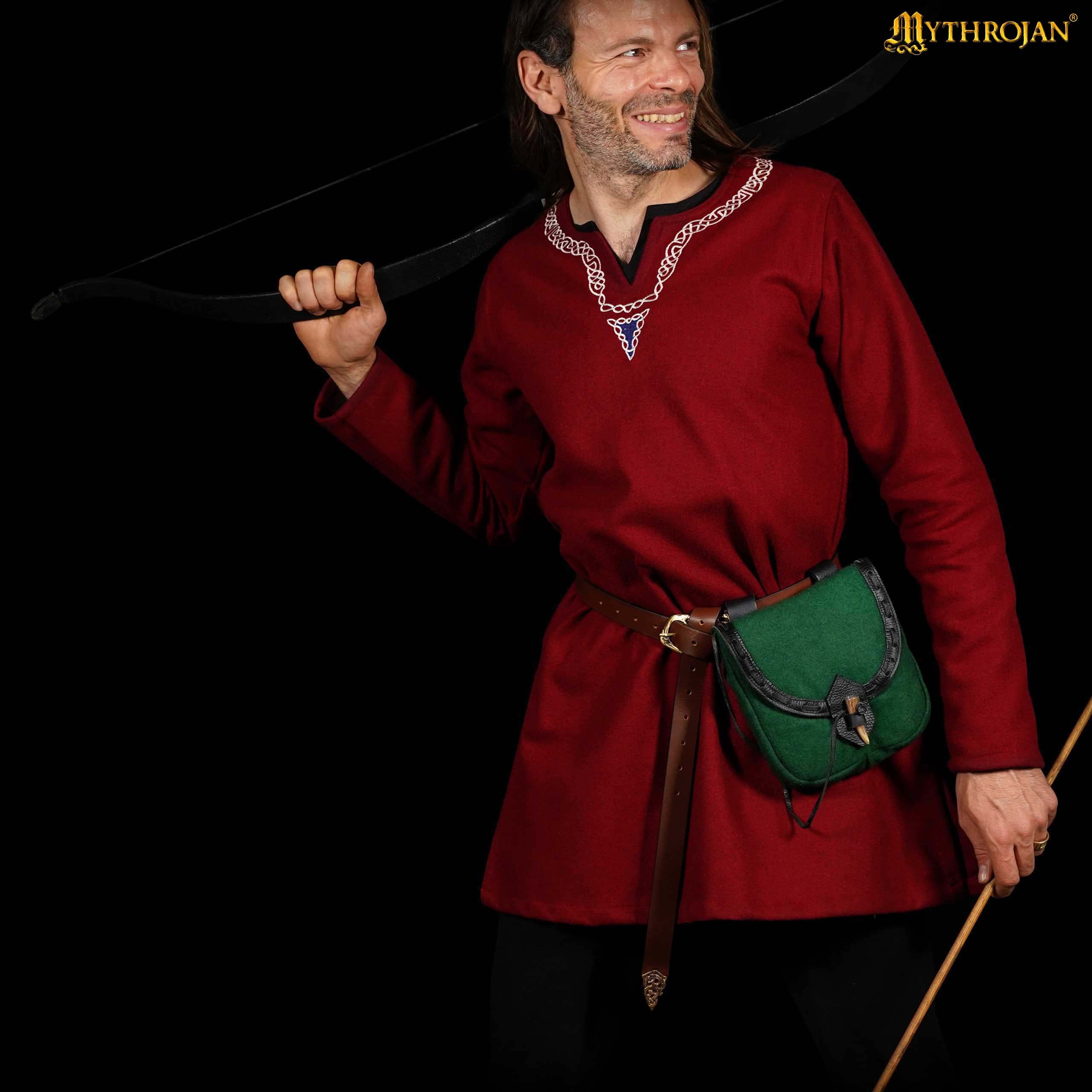 Mythrojan “The Adventurer’s” Belt Bag with Horn Toggle, Ideal for SCA LARP Reenactment & Ren fair, Full Grain Leather and High - Quality Wool , Green , 8” × 7”