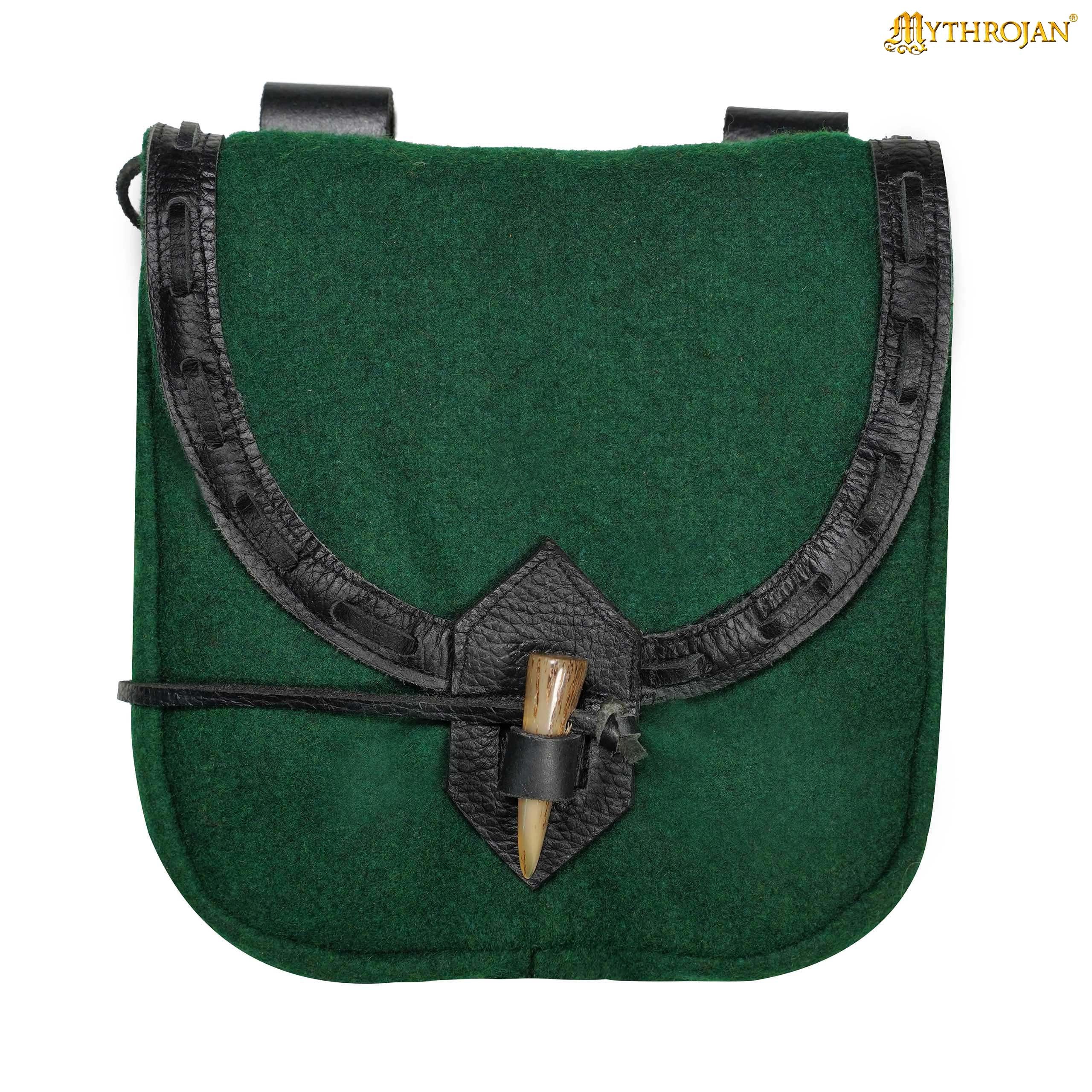 Mythrojan “The Adventurer’s” Belt Bag with Horn Toggle, Ideal for SCA LARP Reenactment & Ren fair, Full Grain Leather and High - Quality Wool , Green , 8” × 7”