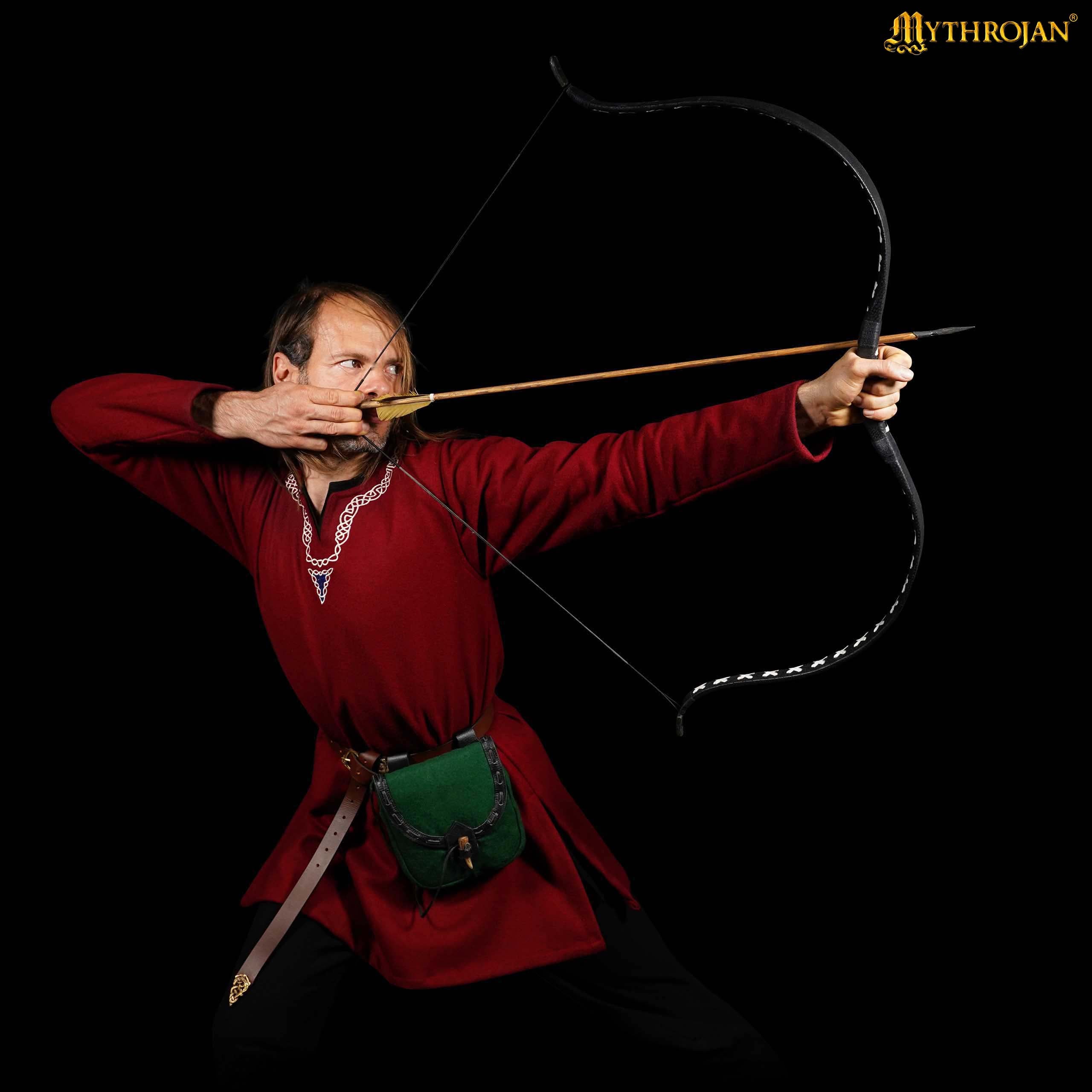 Mythrojan “The Adventurer’s” Belt Bag with Horn Toggle, Ideal for SCA LARP Reenactment & Ren fair, Full Grain Leather and High - Quality Wool , Green , 8” × 7”